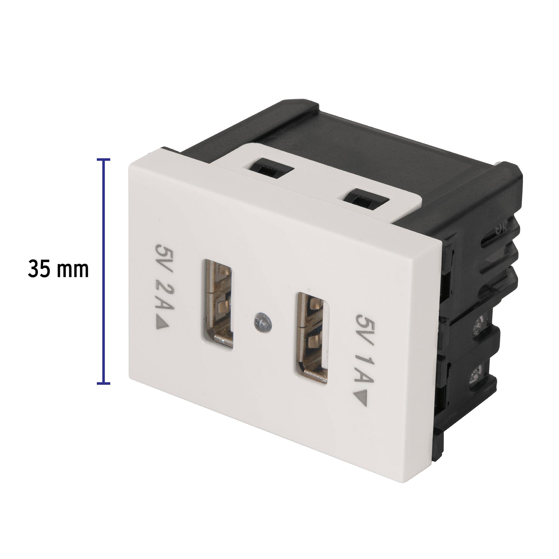 Toma con 2 puertos USB, 1.5 módeloulos, línea Española, blanco