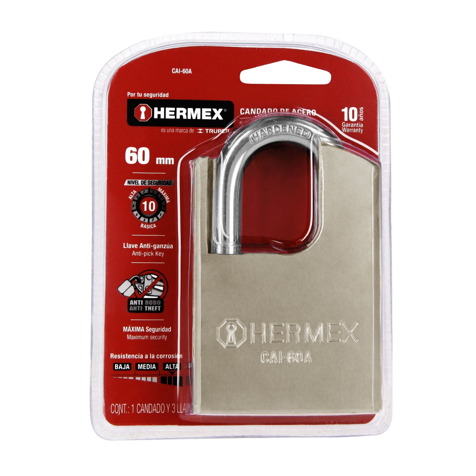 Candado de acero, máxima seguridad, 60mm, llave anti-ganzúa