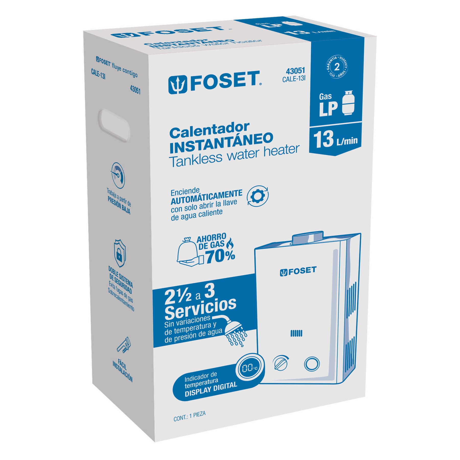 Calentador instantáneo, 13L, 3 servicios, gas LP, Foset