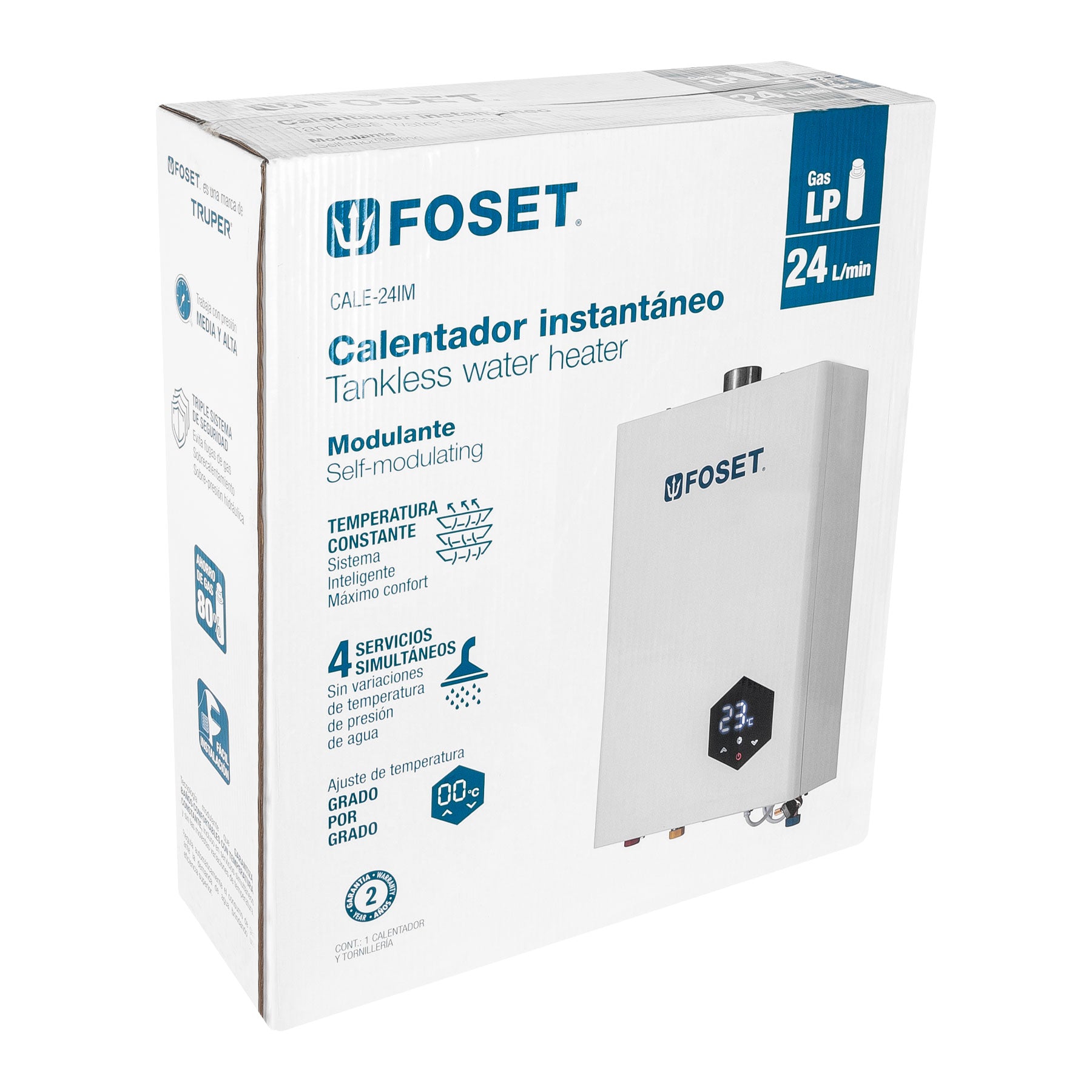 Calentador instantáneo modulante, 24L, 4 serv, gas LP, Foset