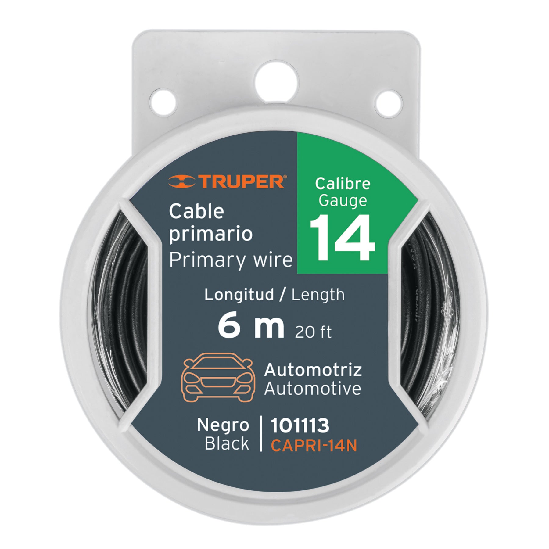 Carrete con 6 m de cable primario negro calibre 14, Truper