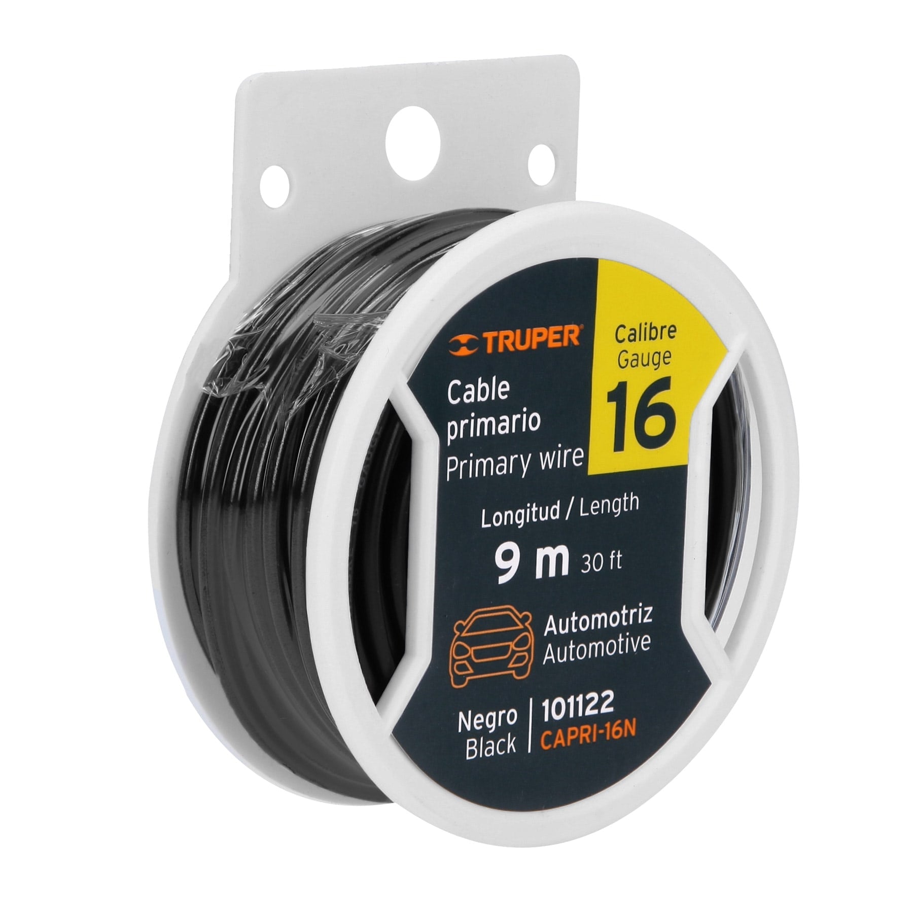 Carrete con 9 m de cable primario negro calibre 16, Truper
