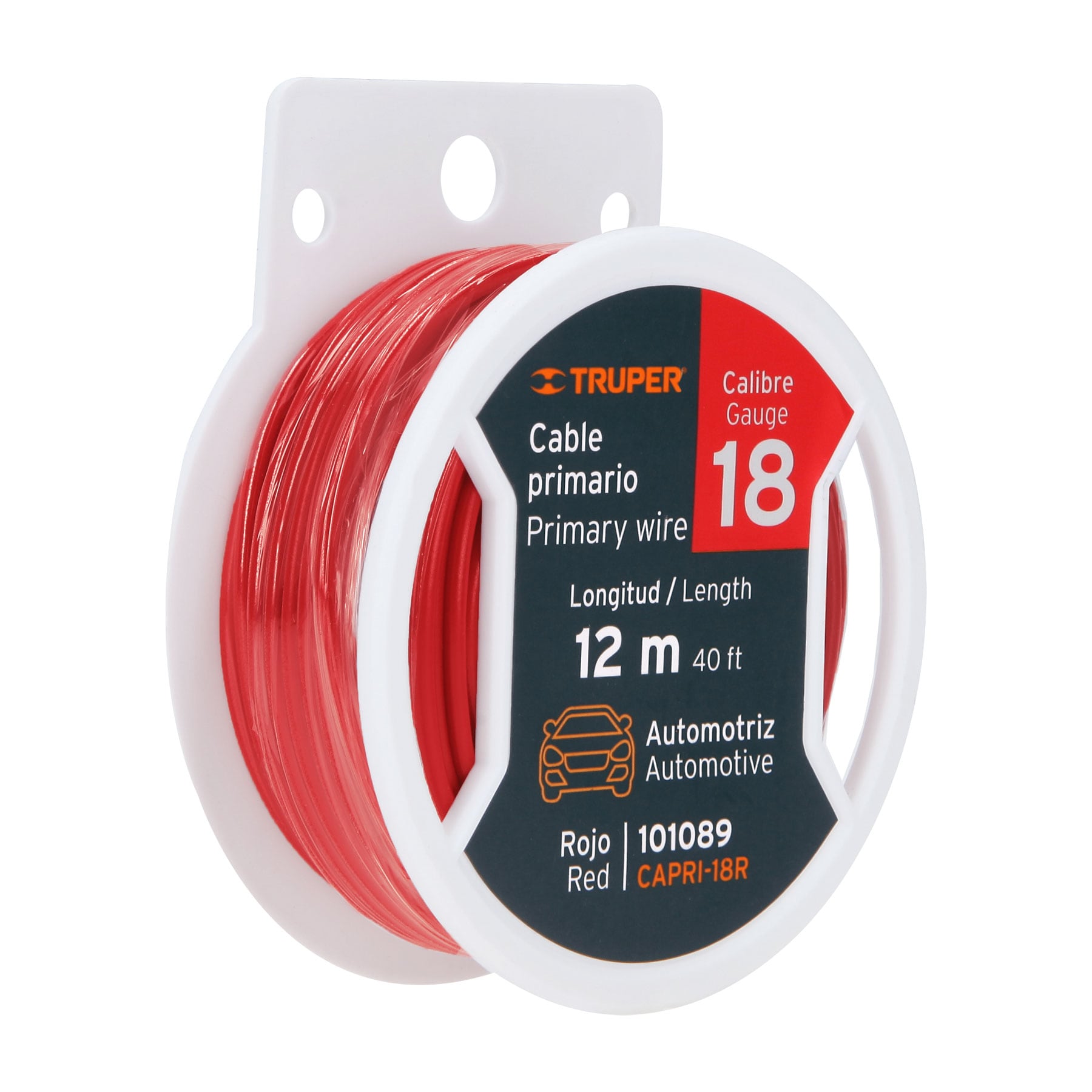 Carrete con 12 m de cable primario rojo calibre 18, Truper
