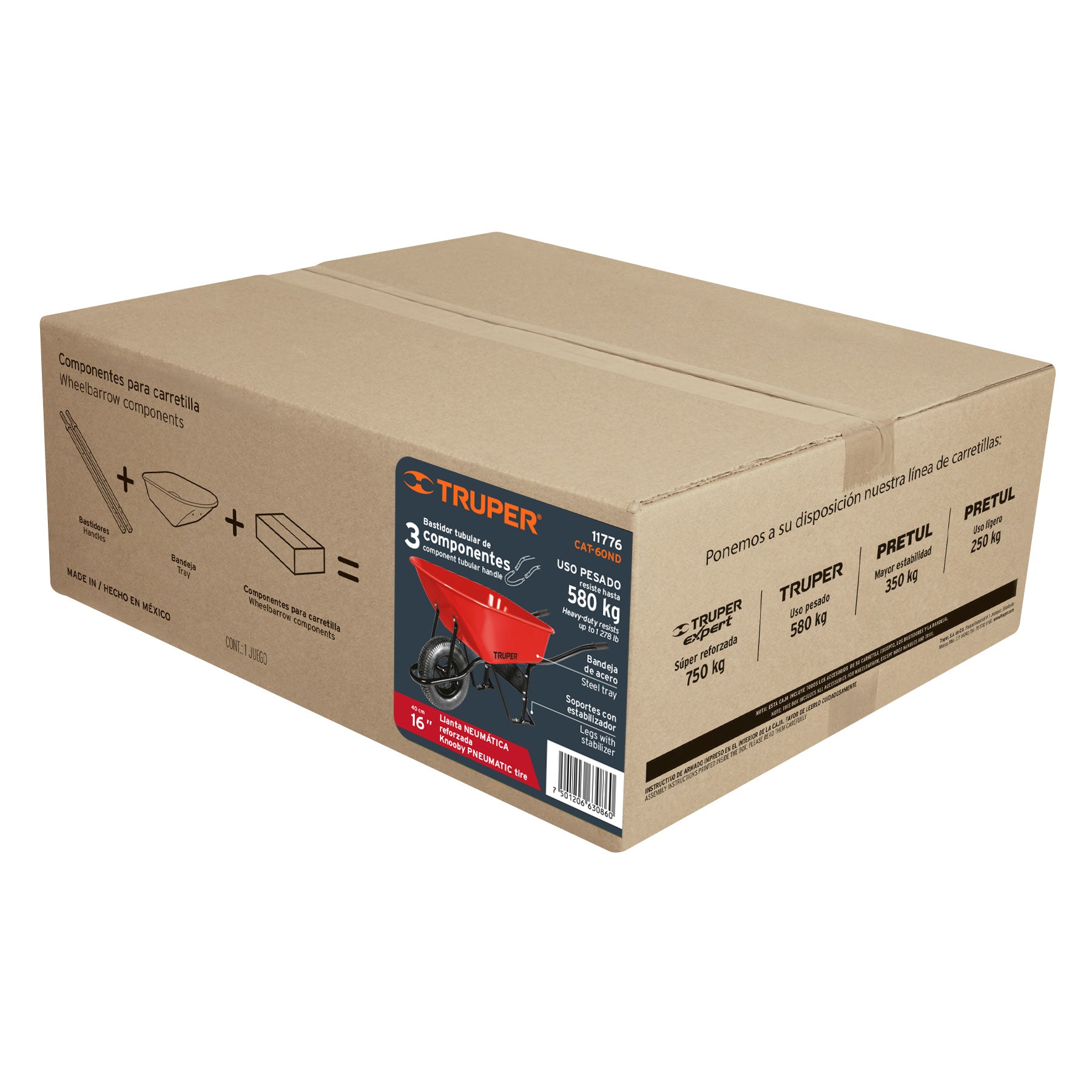 Carretilla 6 ft3 Neumática, bastidor tubular, Truper