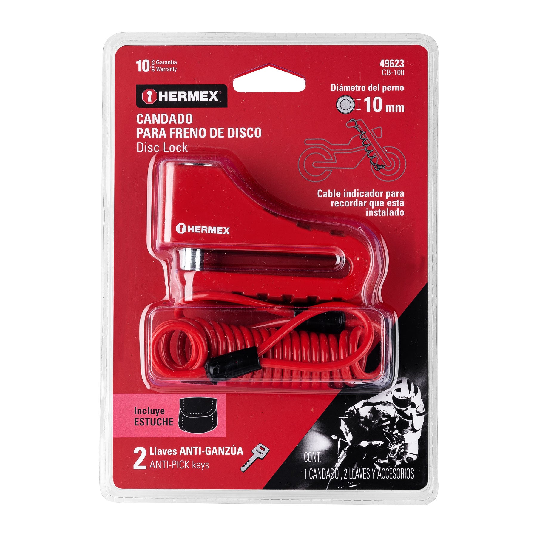 Candado para freno de disco motocicleta, 10mm, Hermex