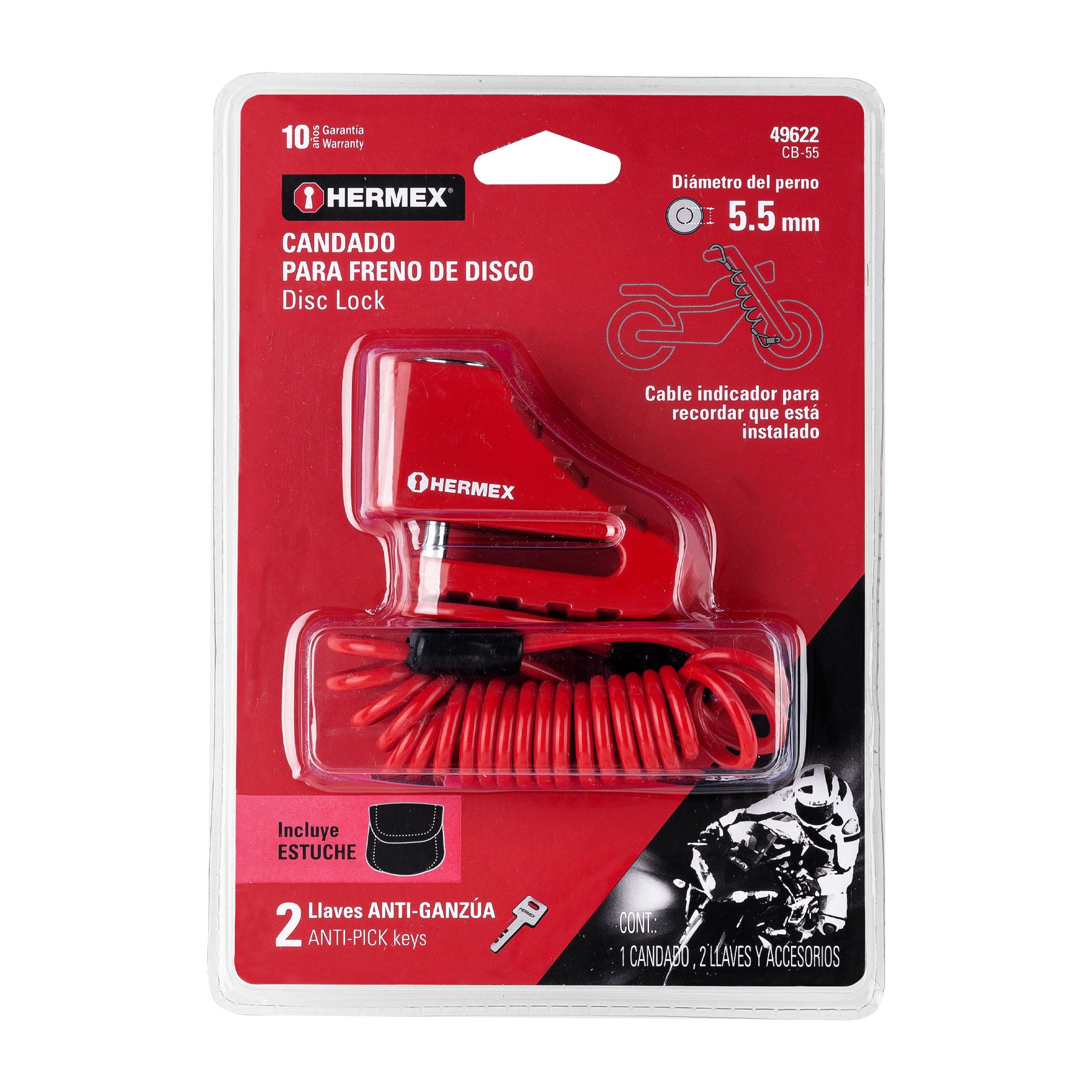 Candado para freno de disco motocicleta, 5.5mm, Hermex