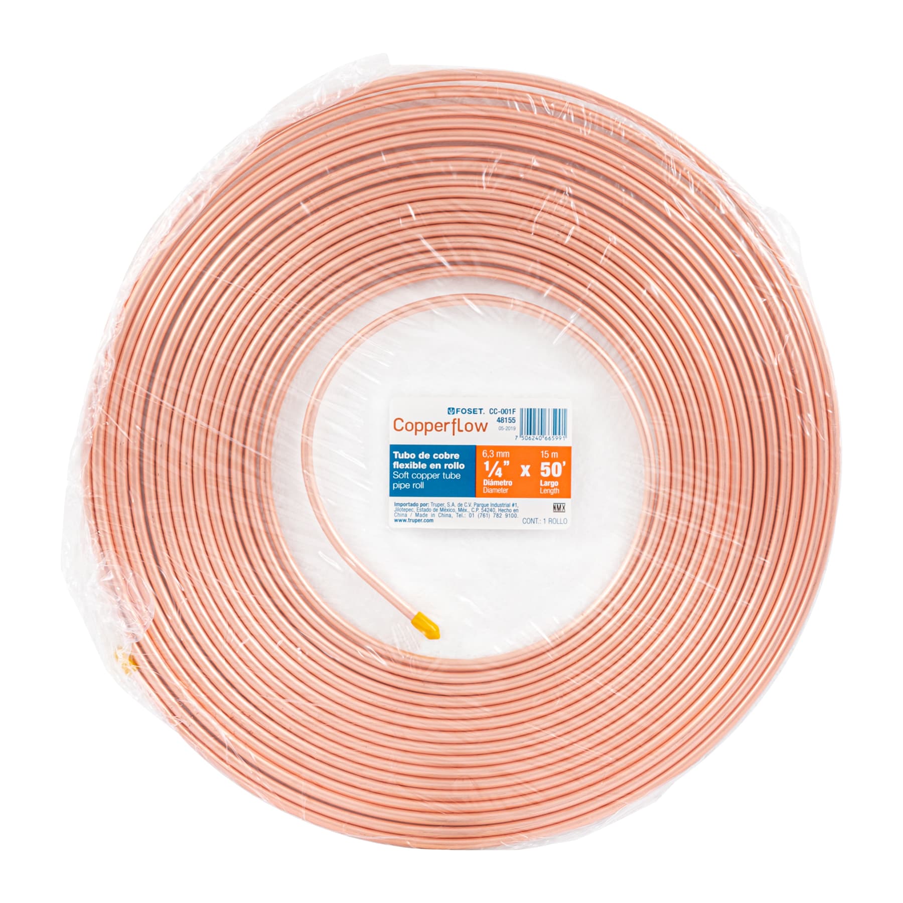 Rollo de 15m de tubo flexible de cobre 1/4", 1.7kg, Foset