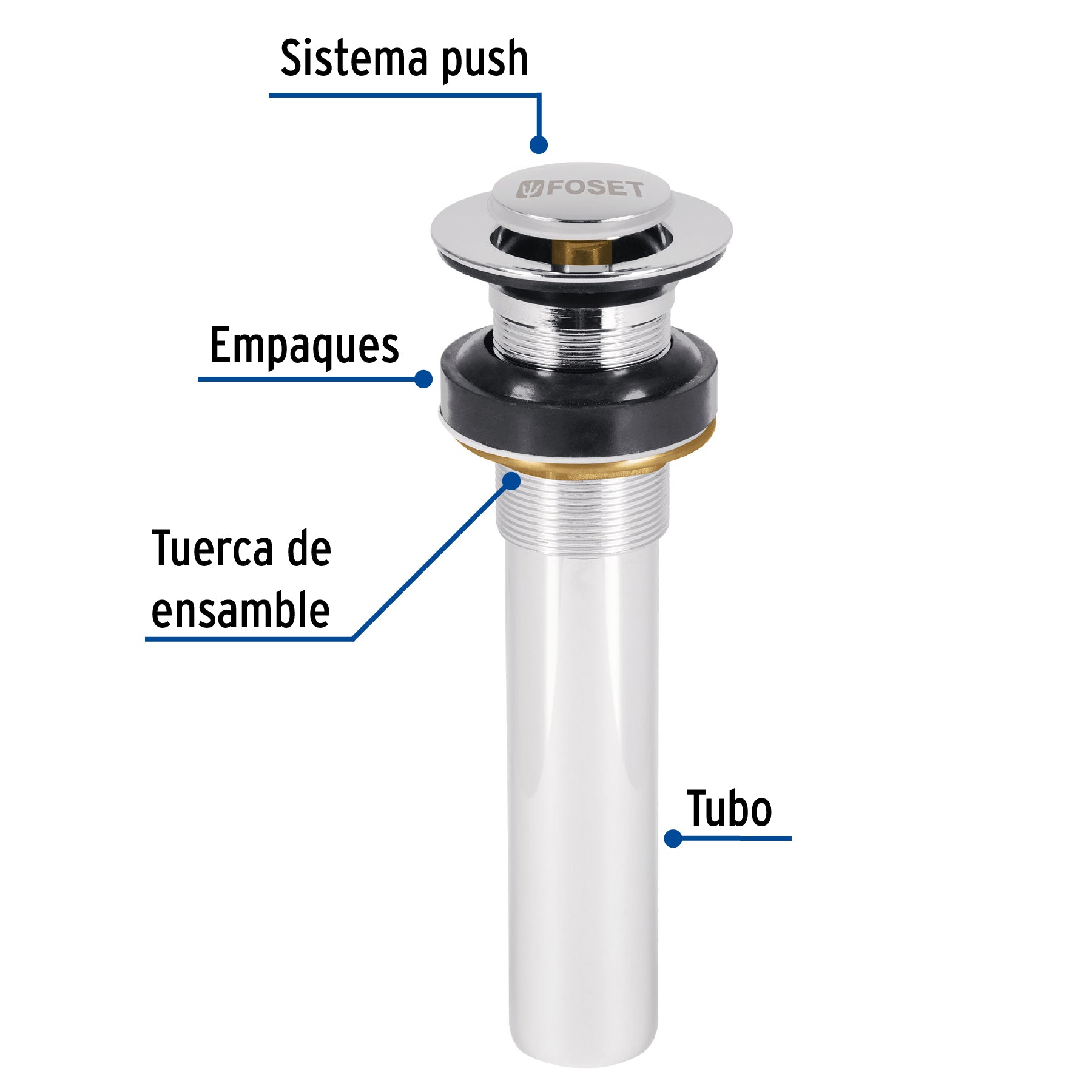 Contra para lavabo sin rebosadero, sistema push, cromo, 1-1/4"
