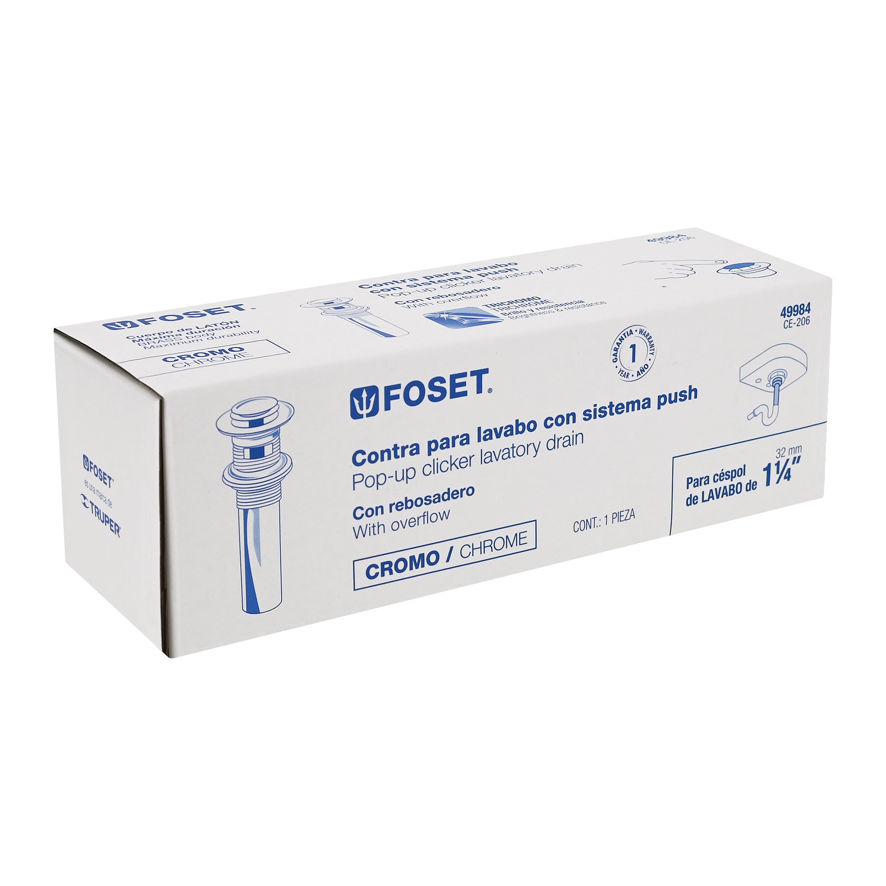 Contra para lavabo con rebosadero, sistema push, cromo, 1-1/4"