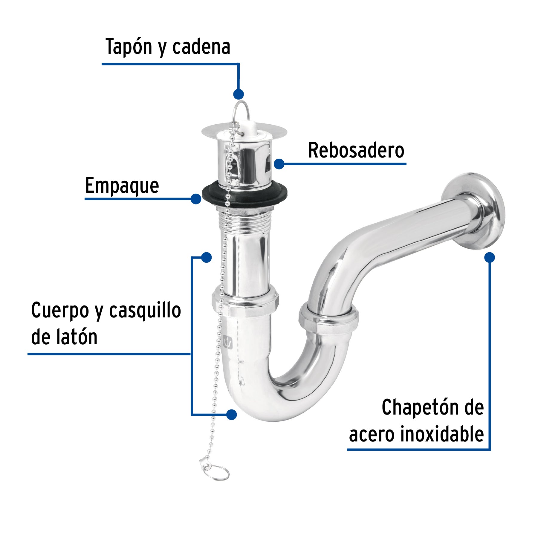Céspol 1-1/4" con contra, tapón y cadena, latón cromo,para lavabo