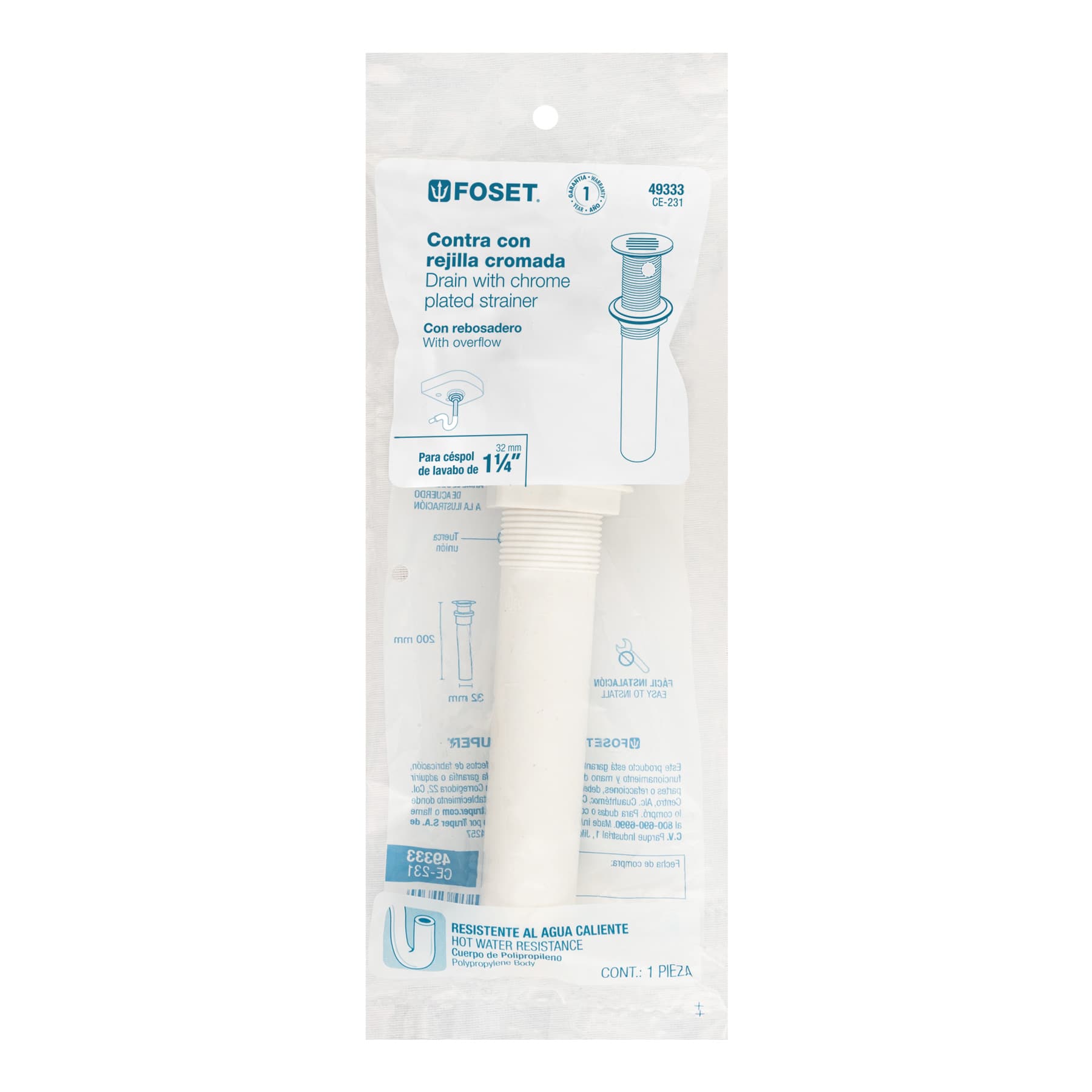 Contra para lavabo con rebosadero, polipropileno, 1-1/4"