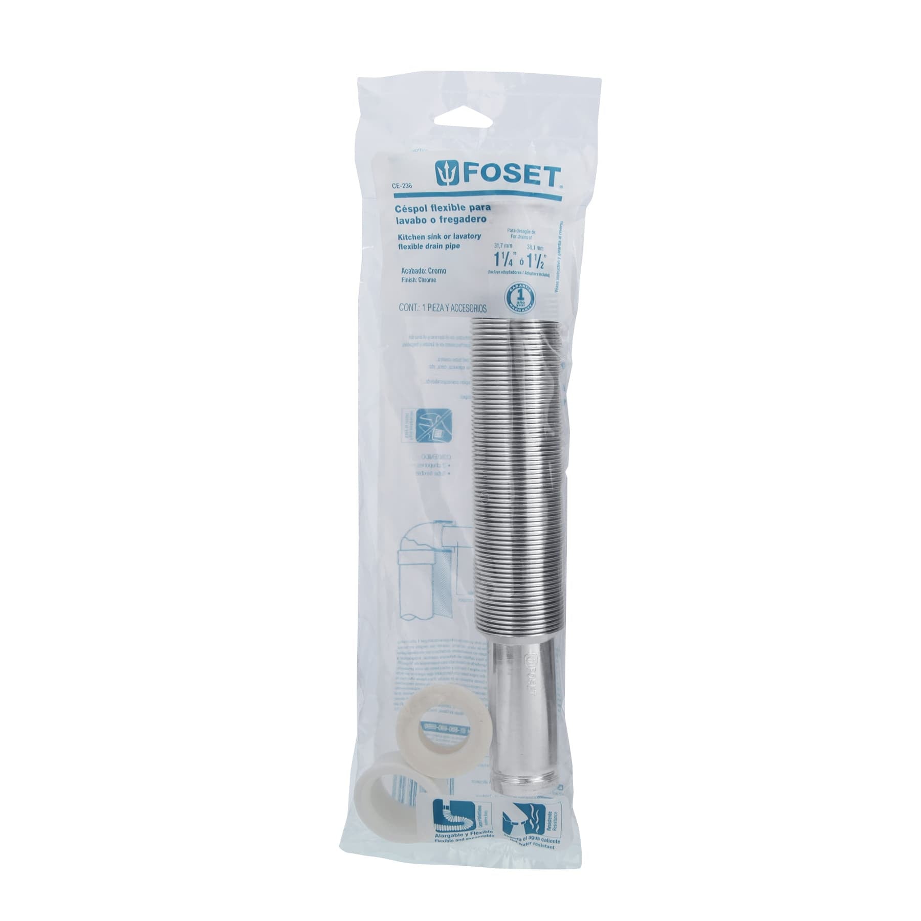 Céspol flexible, polietileno cromo, para lavabo y fregadero