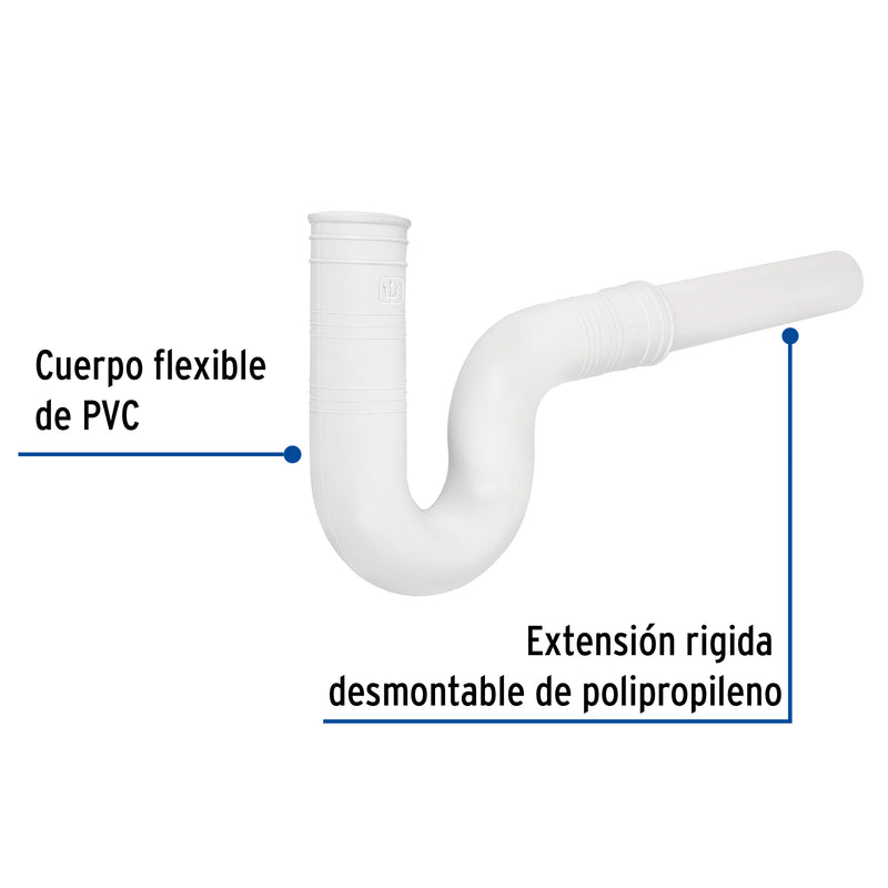 Céspol flexible para fregadero,  PVC con ext 20 cm, 1-1/2"
