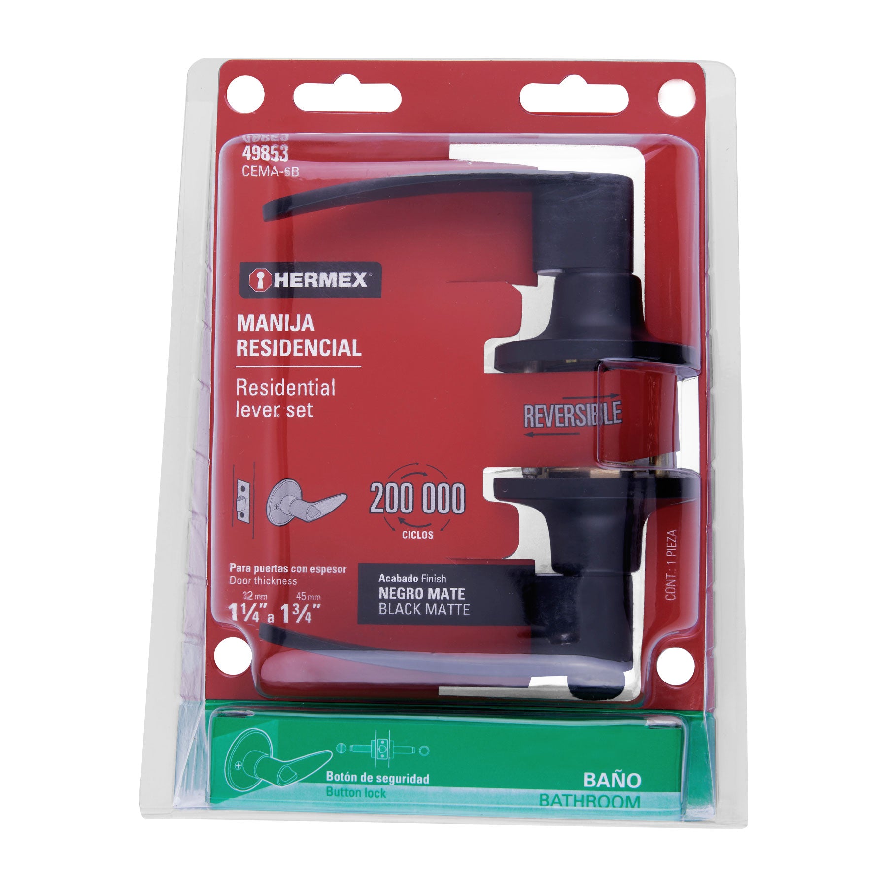 Cerradura de manija "Turín" para baño, negro, cilindro latón