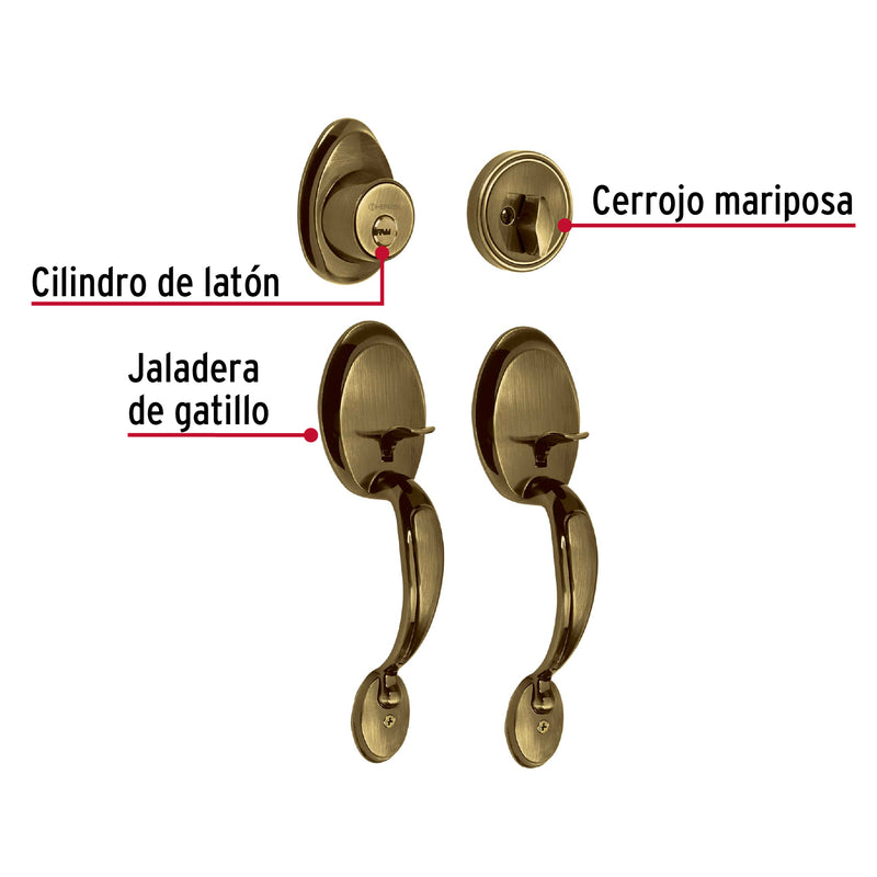 Doble jaladera,  perilla y cerrojo llave-mariposa,  antiguo