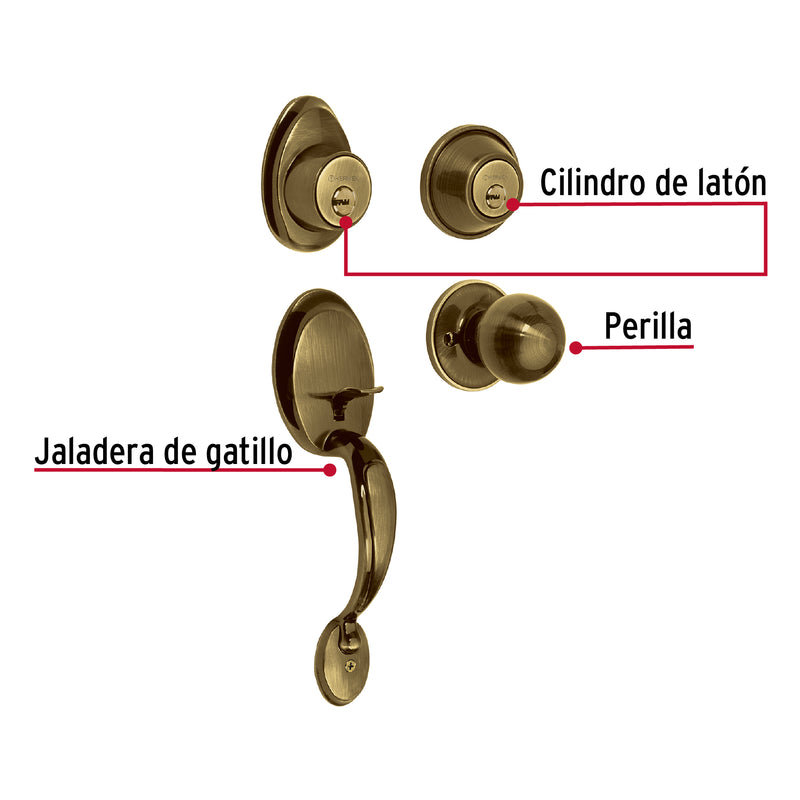 Jaladera,  perilla y cerrojo llave-llave,  latón antiguo