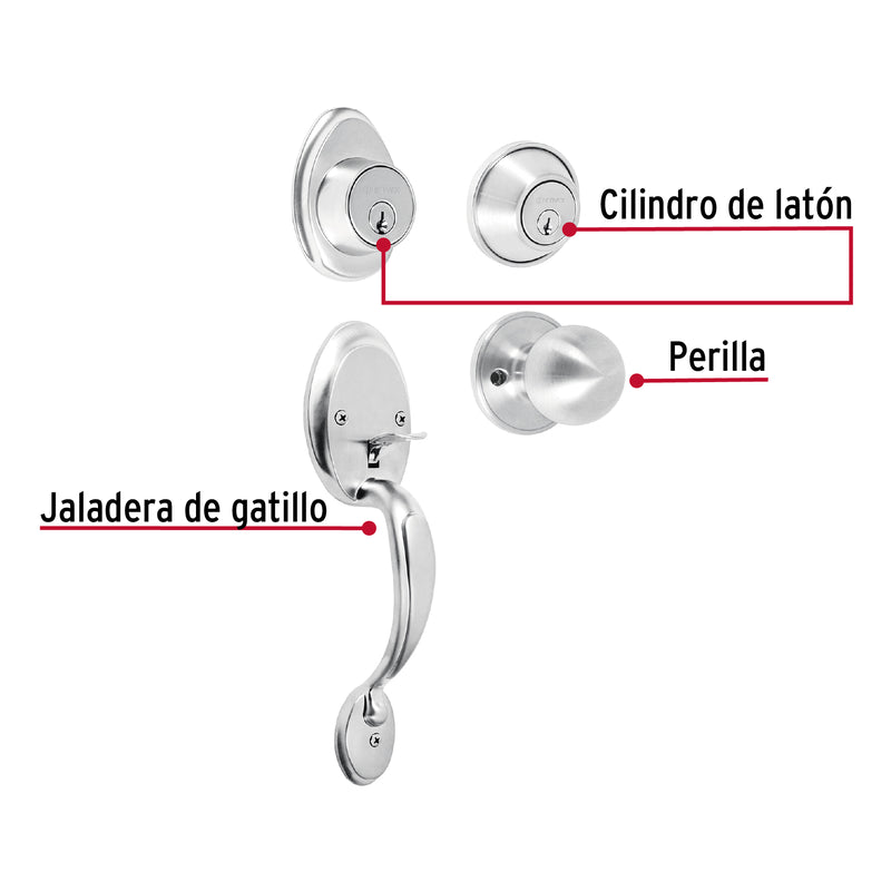 Jaladera,  perilla y cerrojo llave,  cromo mate,  Hermex Basic