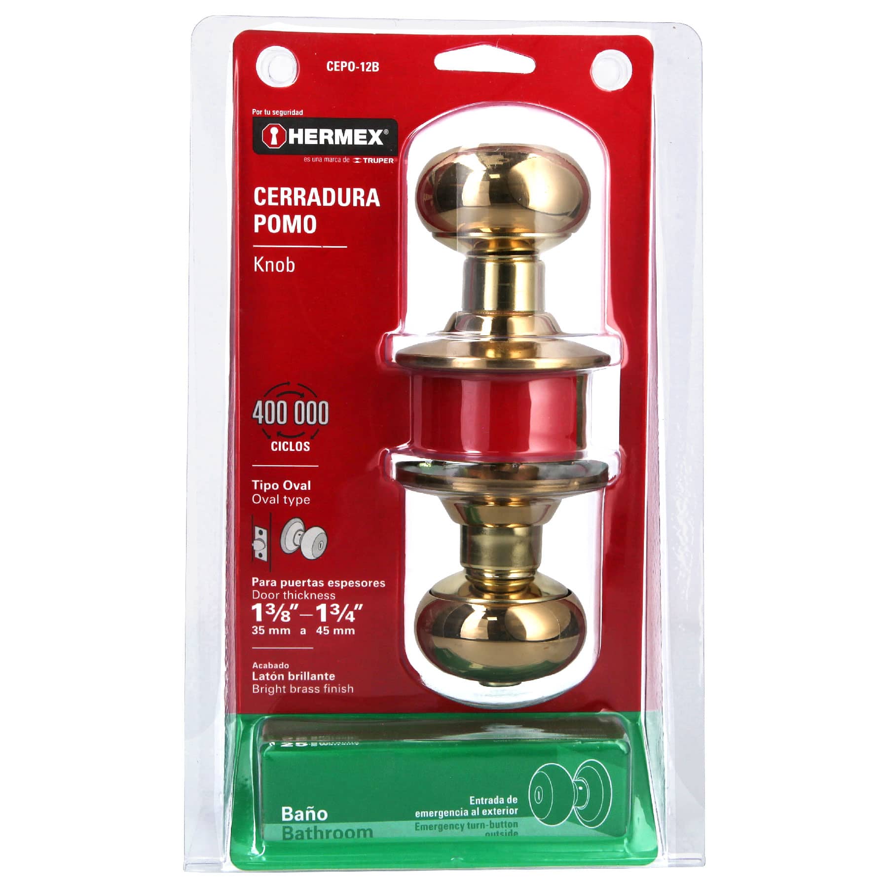 Cerradura tipo oval para baño, latón brillante, Hermex
