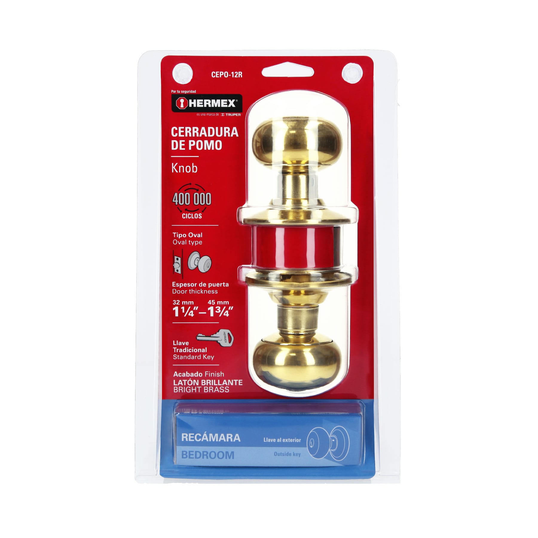 Cerradura tipo oval para recámara, latón brillante, Hermex