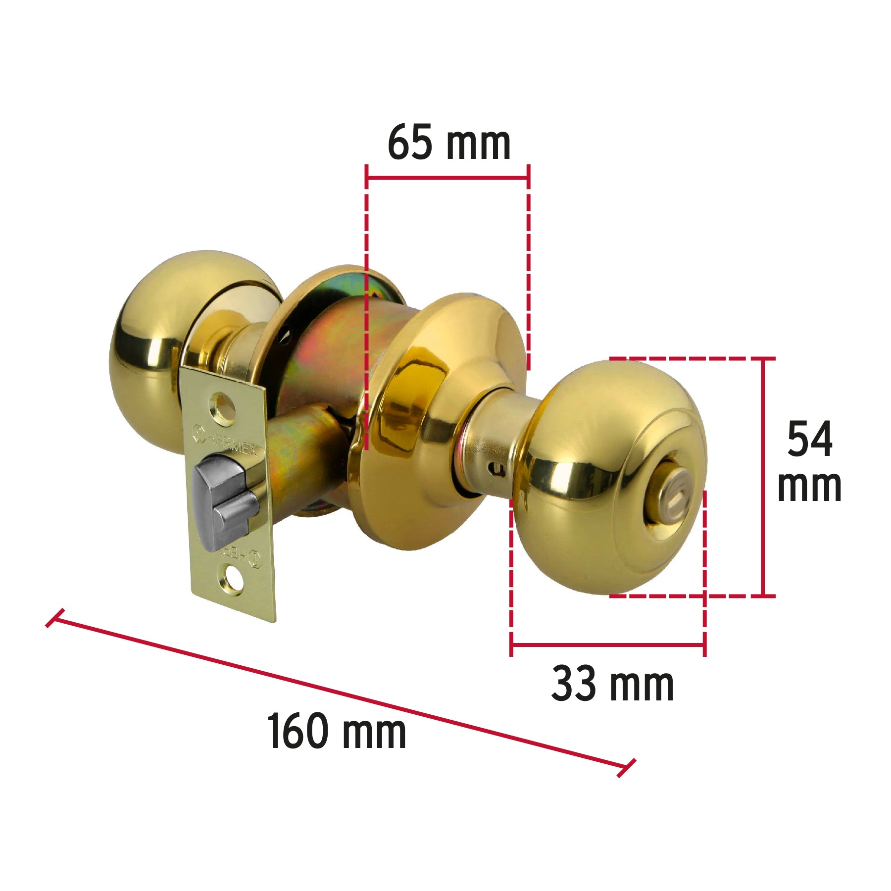 Cerradura tipo oval para recámara, latón brillante, Hermex