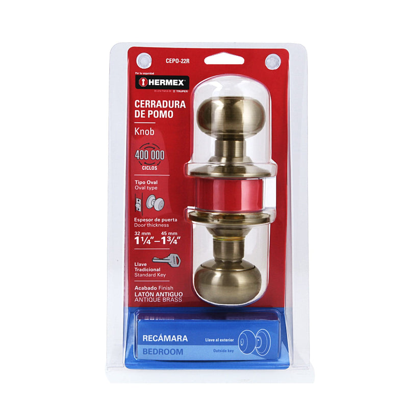 Cerradura tipo oval para recámara,  latón antiguo,  Hermex