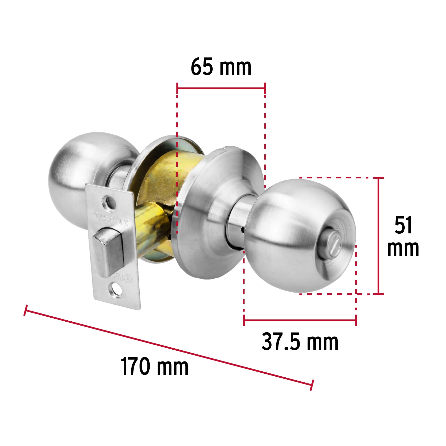 Cerradura tipo esfera para baño, cromo mate, Hermex