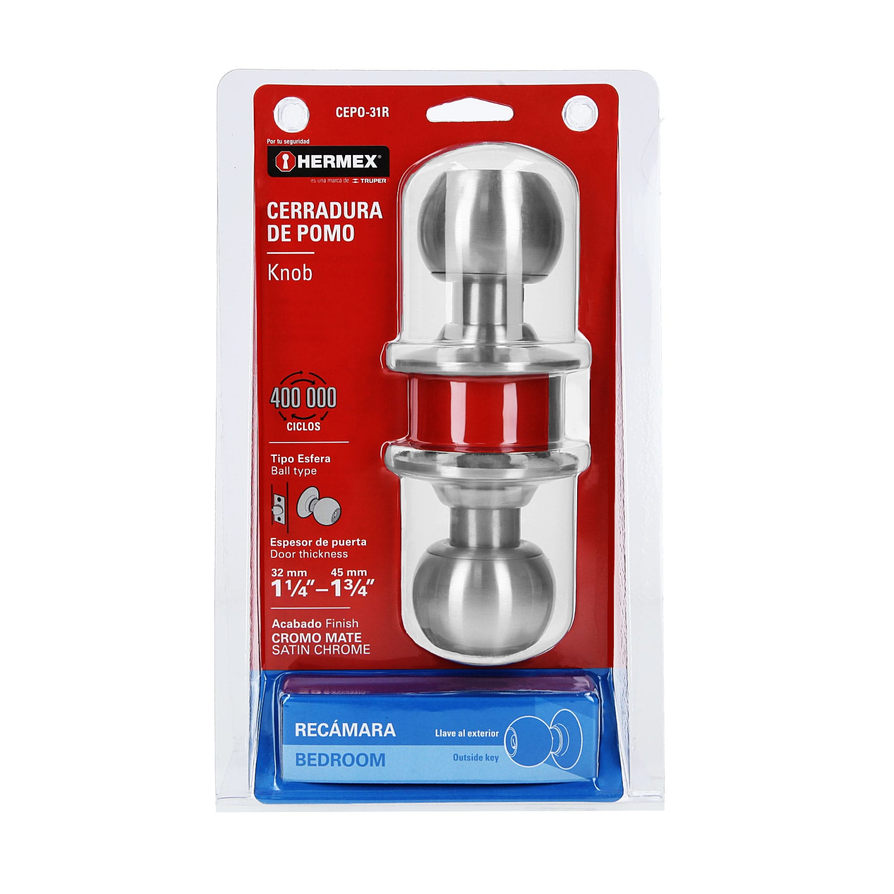 Cerradura tipo esfera para recámara, cromo mate, Hermex