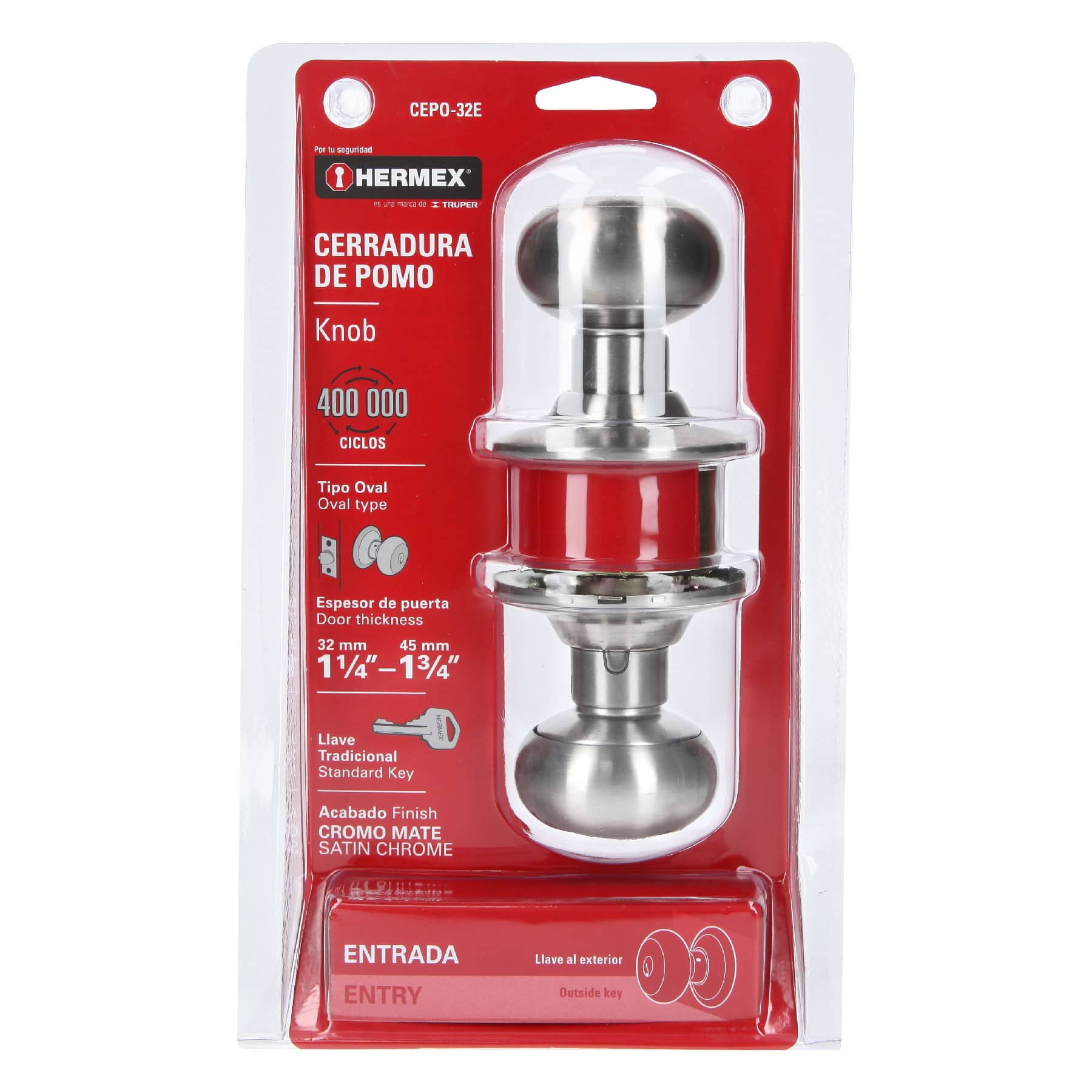Cerradura tipo oval para entrada, cromo mate, Hermex
