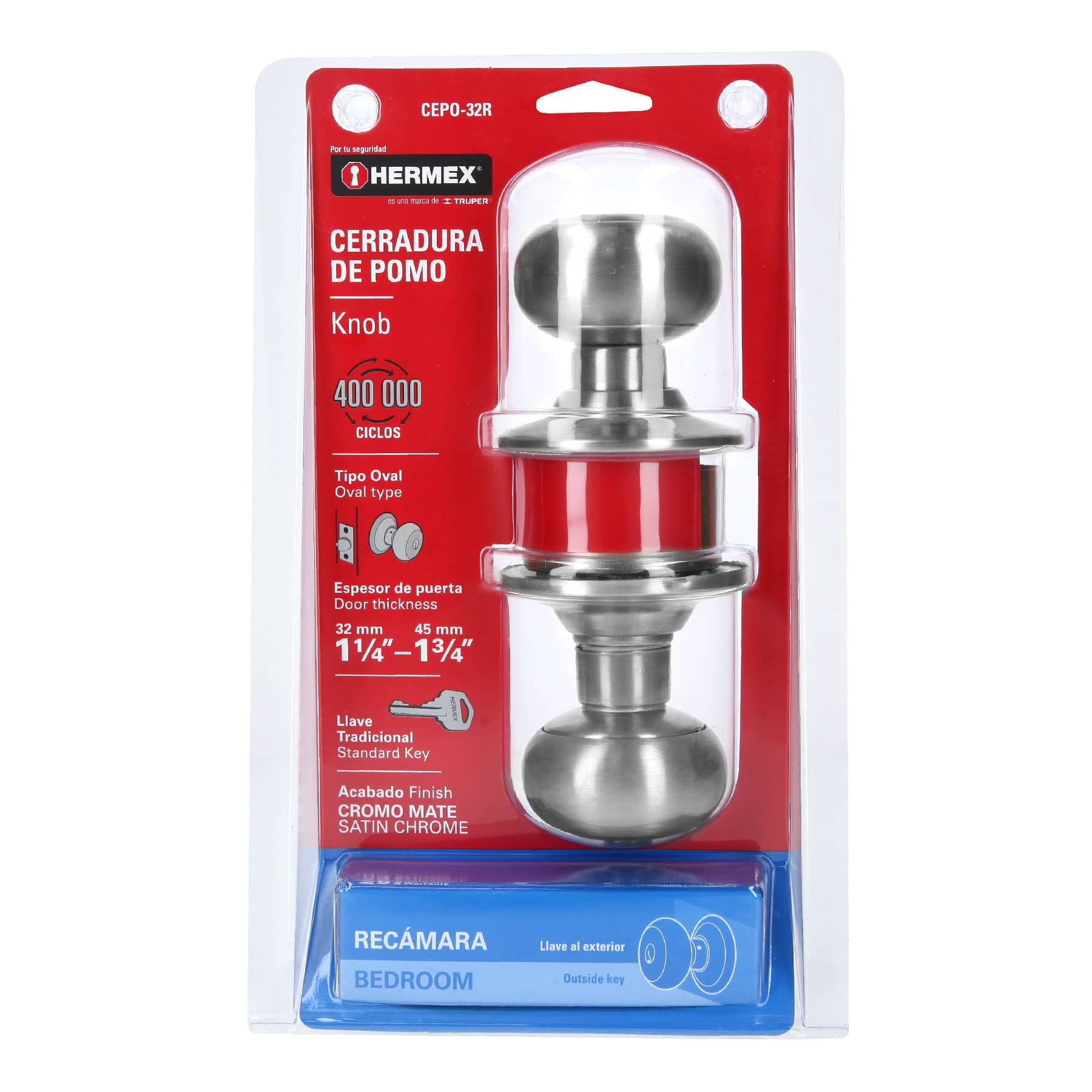 Cerradura tipo oval para recámara, cromo mate, Hermex