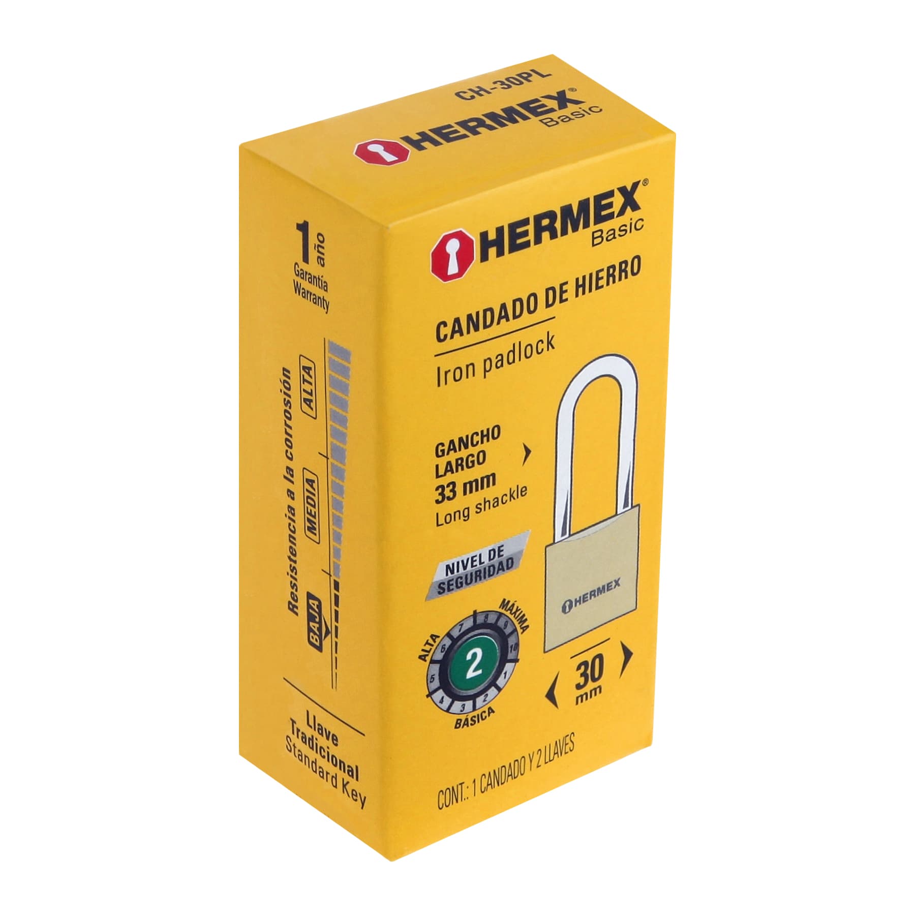 Candado de hierro color latón 30 mm, largo, caja, BASIC