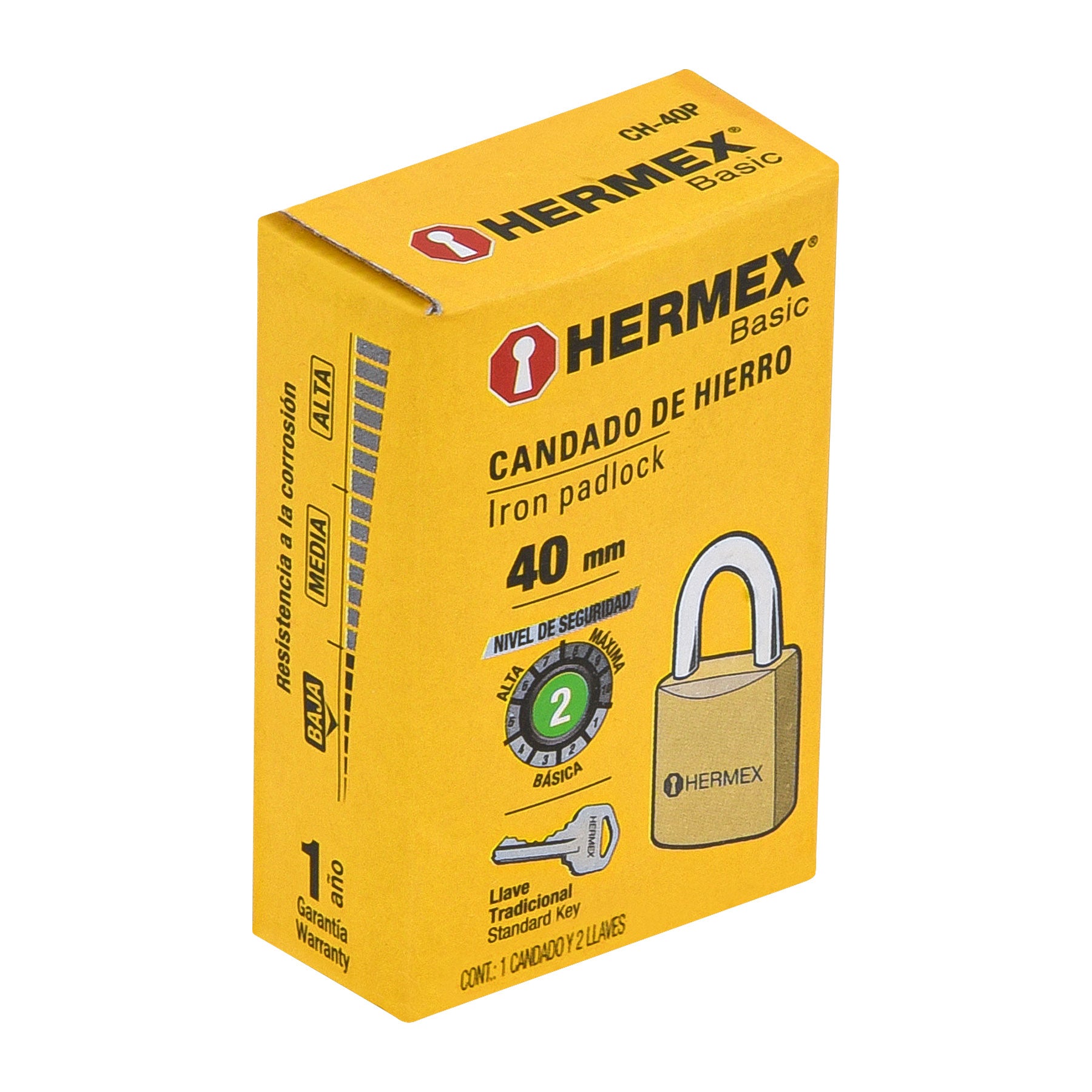 Candado de hierro color latón 40 mm, corto, caja, BASIC