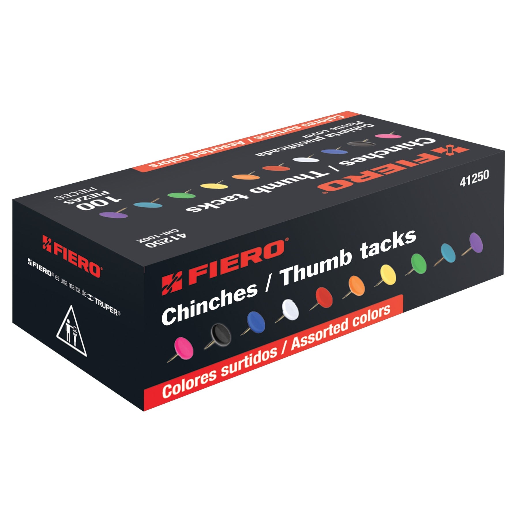 Caja con 100 chinches en 10 colores surtidos, Fiero