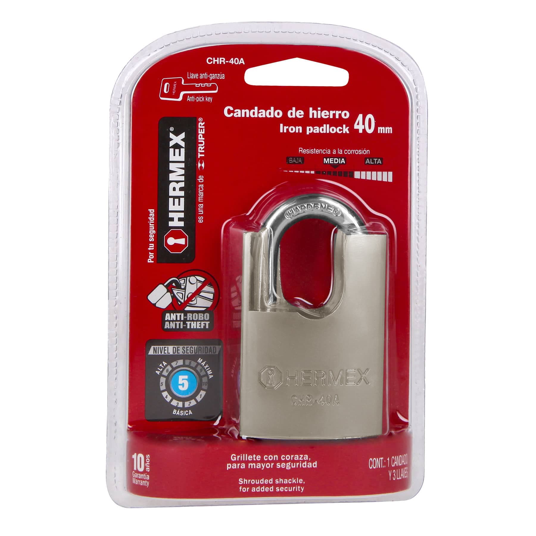 Candado de hierro 40 mm con coraza, llave anti-ganzúa