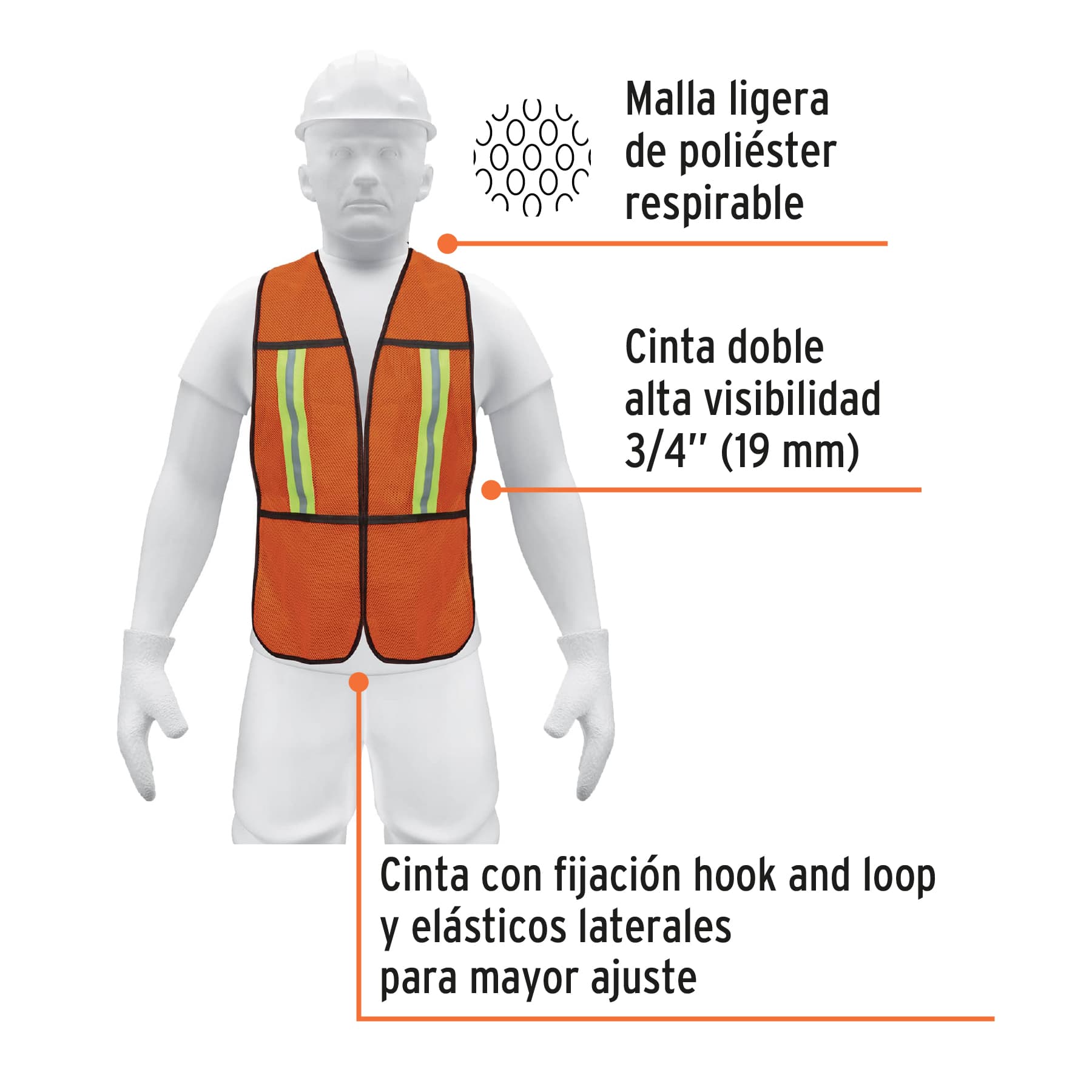 Chaleco de seguridad con cintas reflejantes, naranja, Pretul