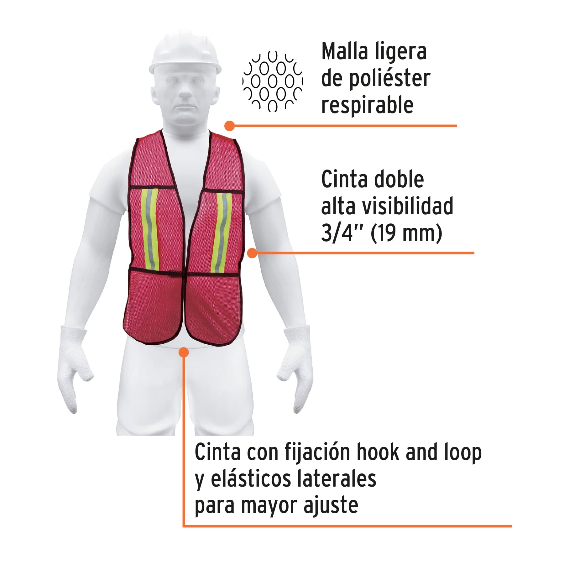 Chaleco de seguridad con cintas reflejantes, rojo, Pretul