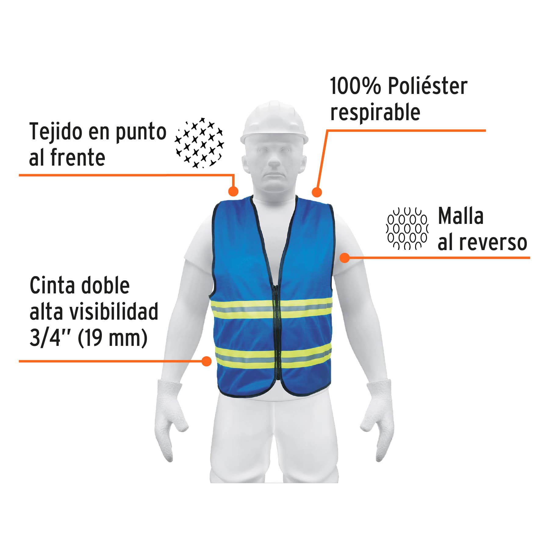 Chaleco de seguridad azul alta visibilidad con cierre