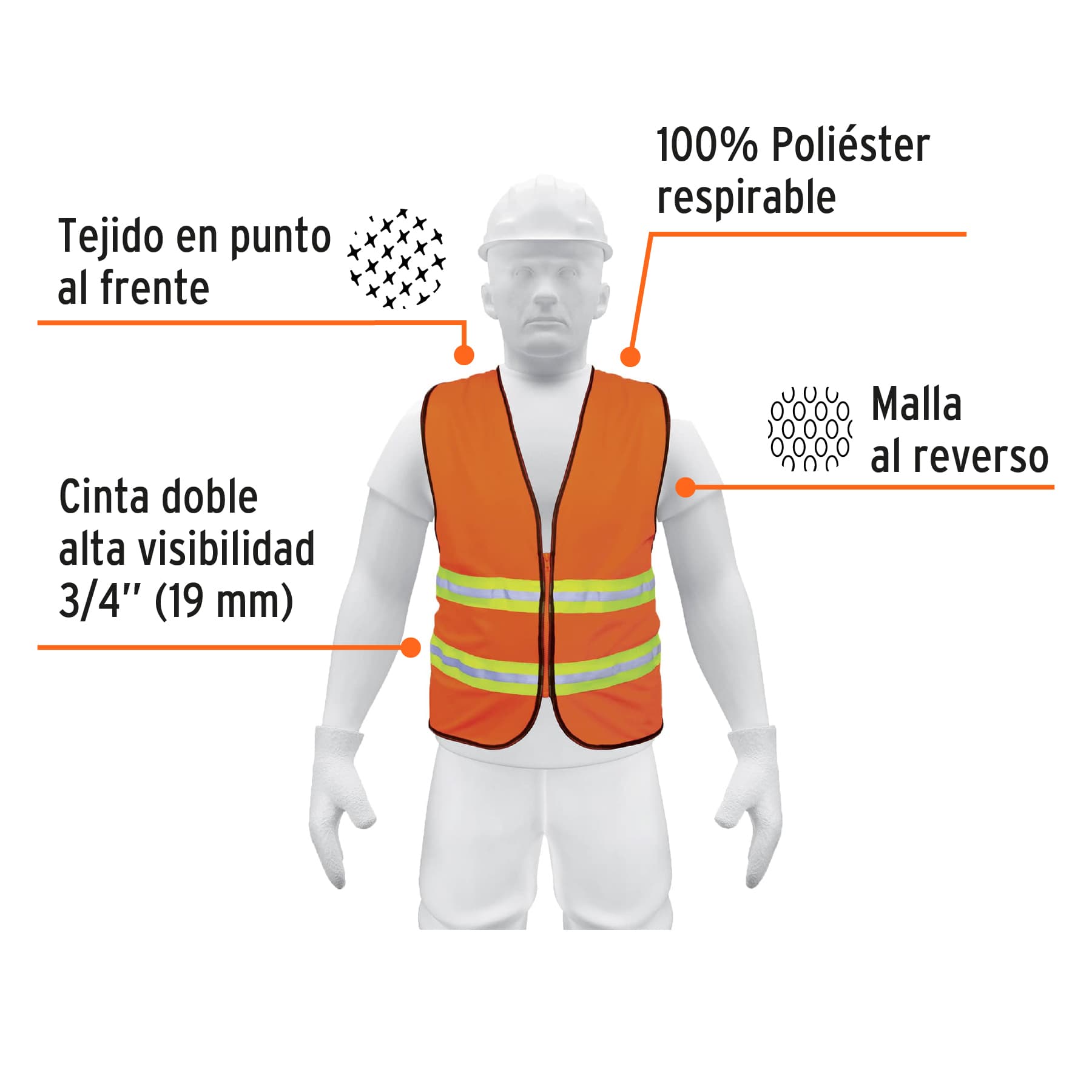 Chaleco de seguridad naranja alta visibilidad con cierre
