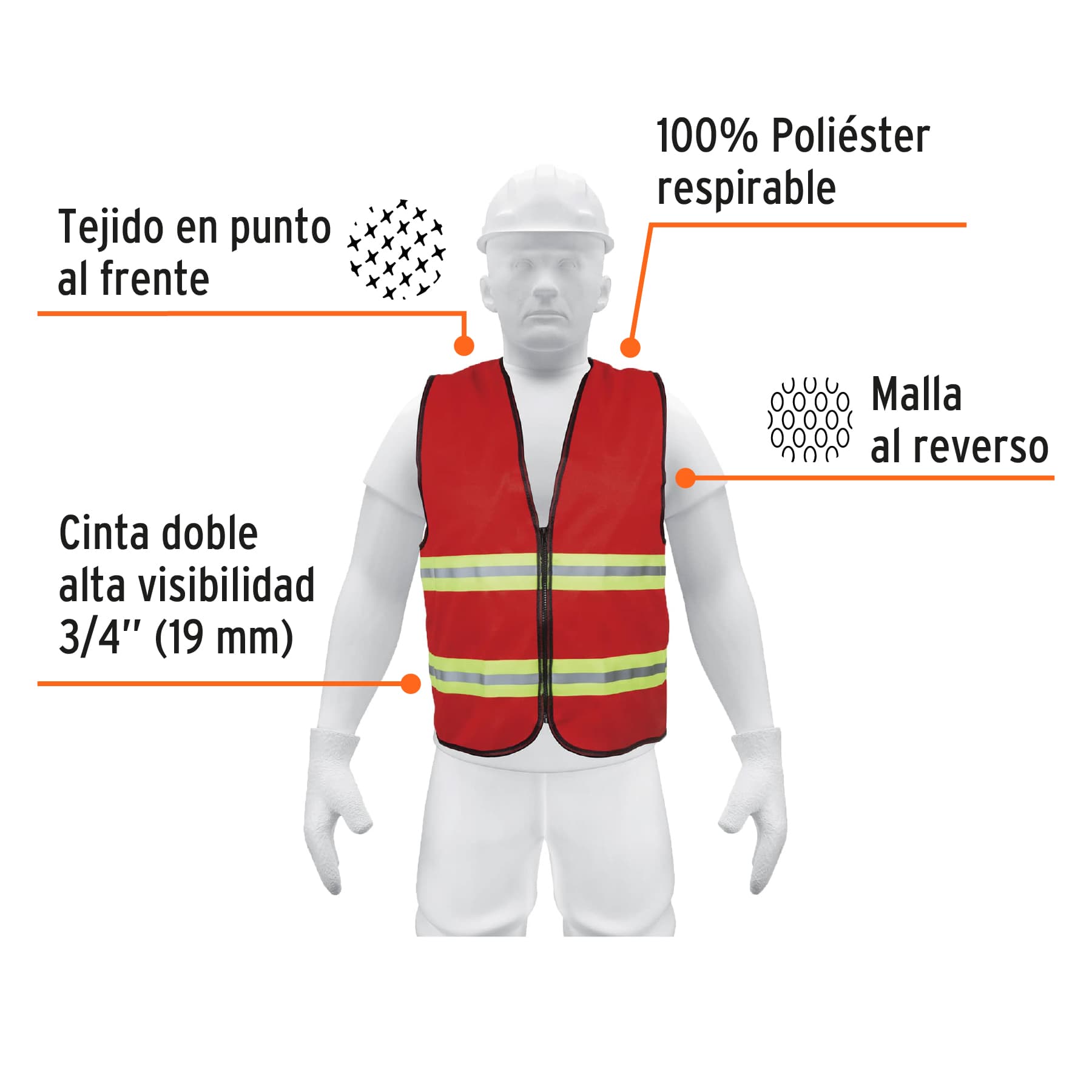 Chaleco de seguridad rojo alta visibilidad con cierre