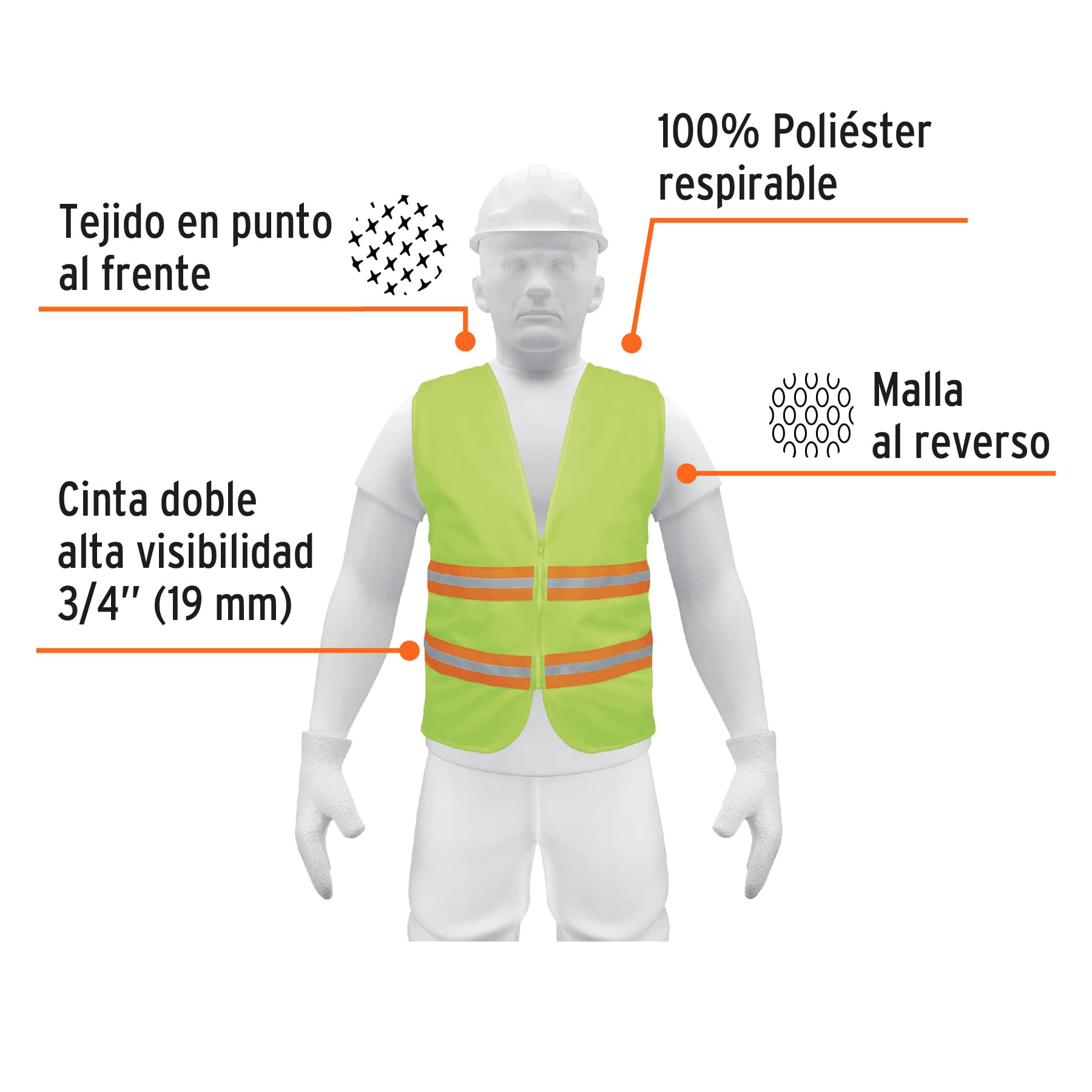 Chaleco de seguridad verde alta visibilidad con cierre