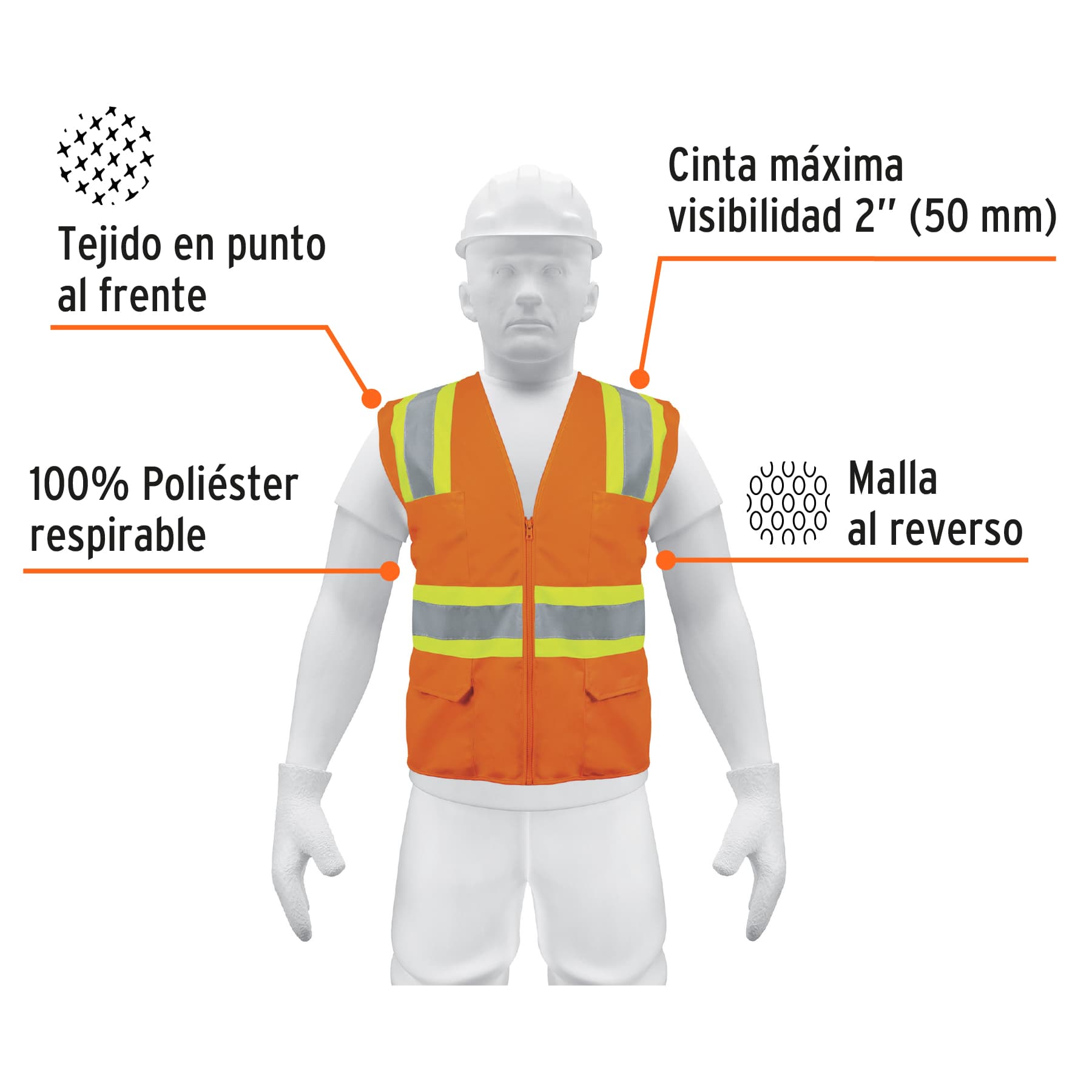 Chaleco de seguridad naranja max visibilidad y 6 bolsas