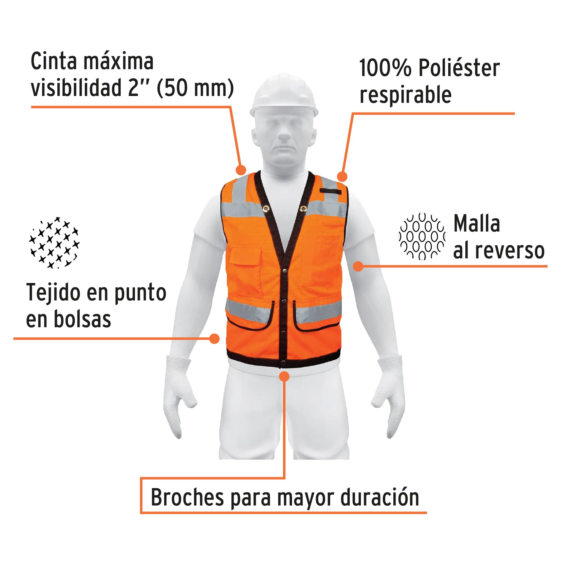 Chaleco seguridad reforzado naranja con bolsas, G, Expert