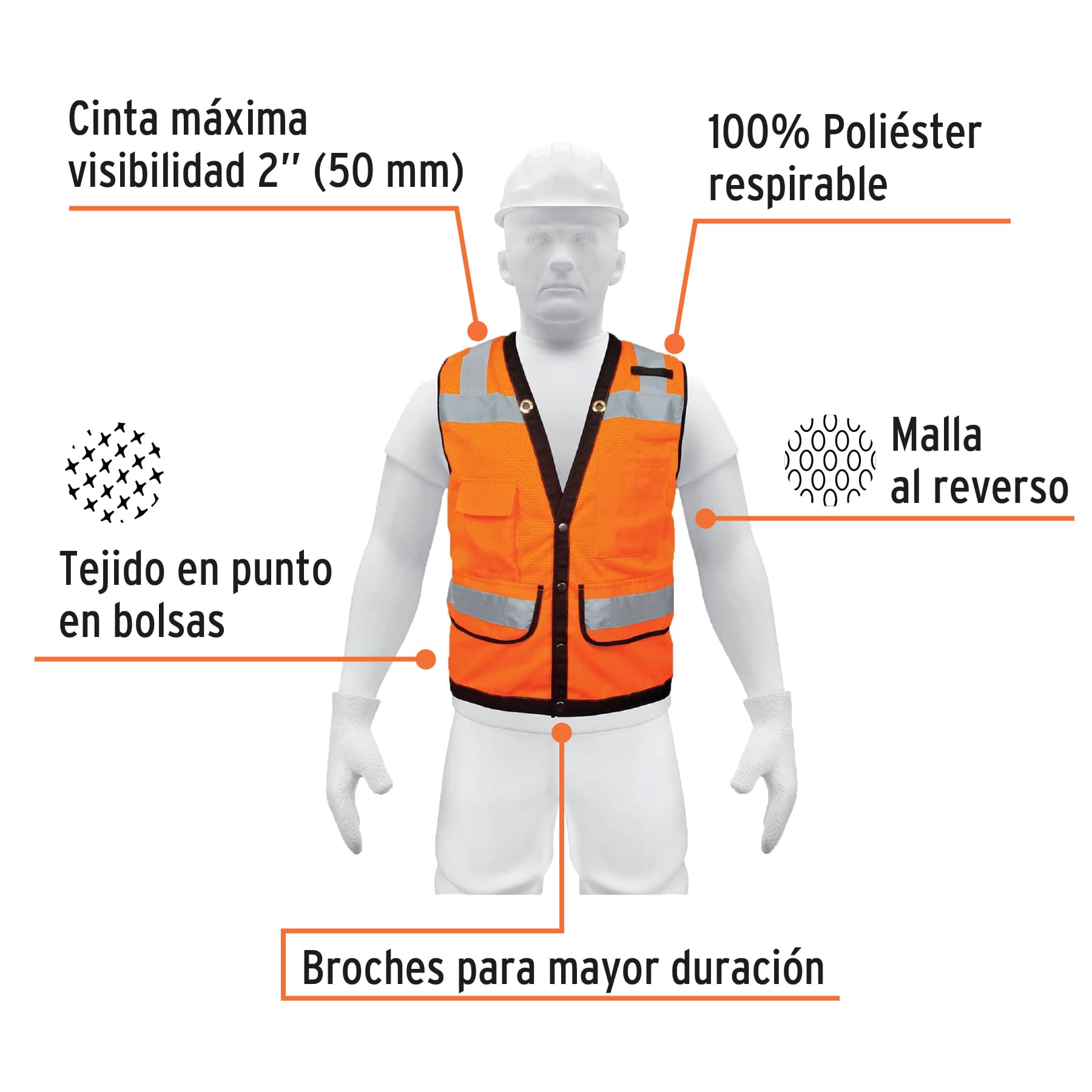 Chaleco seguridad reforzado naranja con bolsas, M, Expert