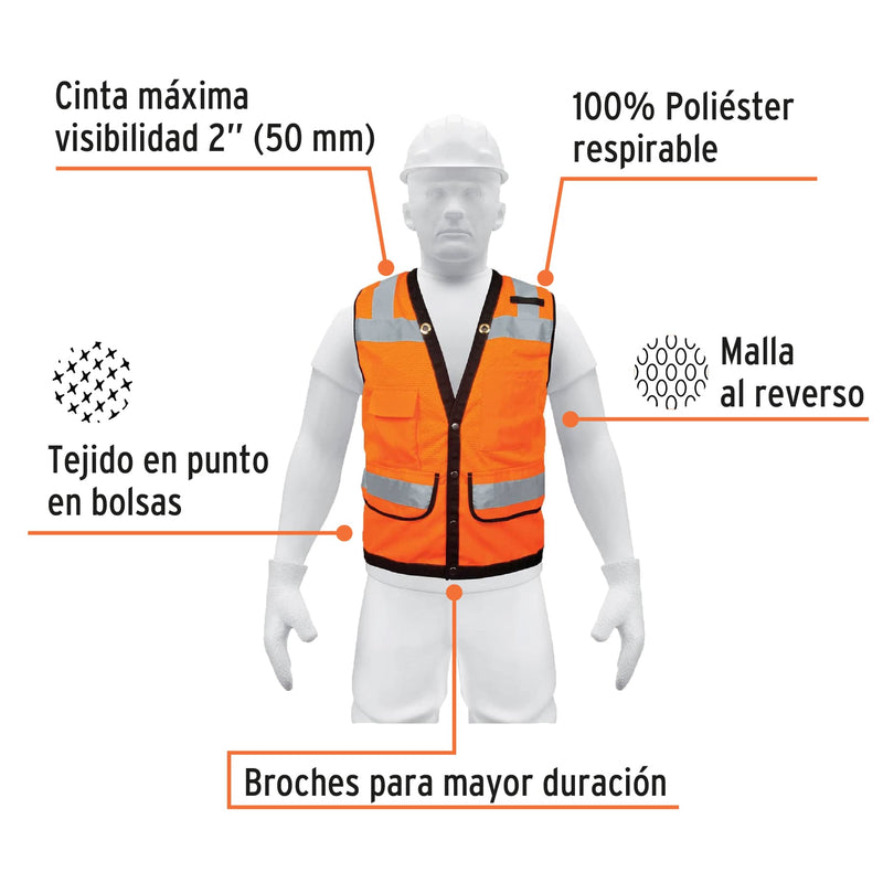 Chaleco seguridad reforzado naranja con bolsas,  M,  Expert