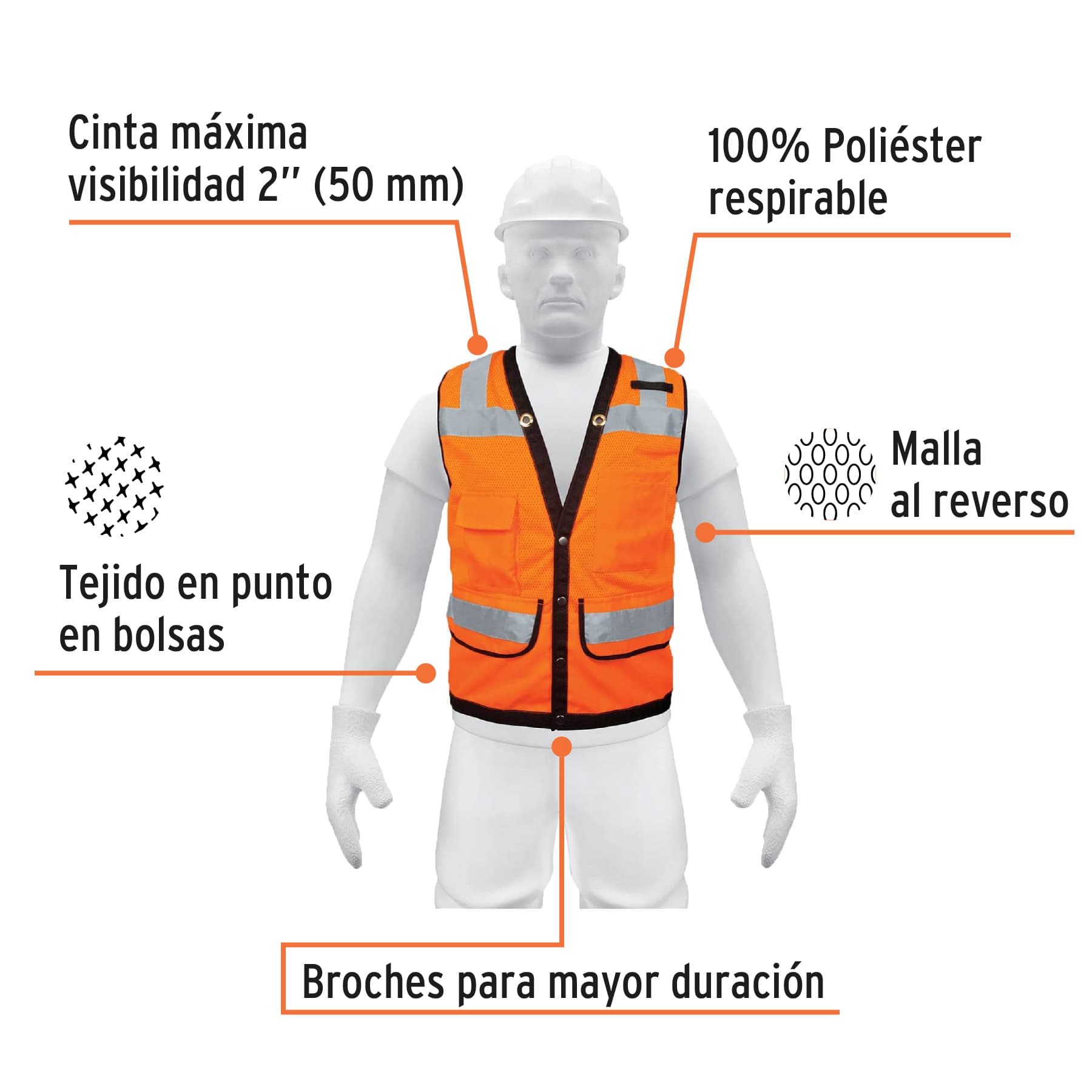 Chaleco seguridad reforzado naranja con bolsas, XG, Expert