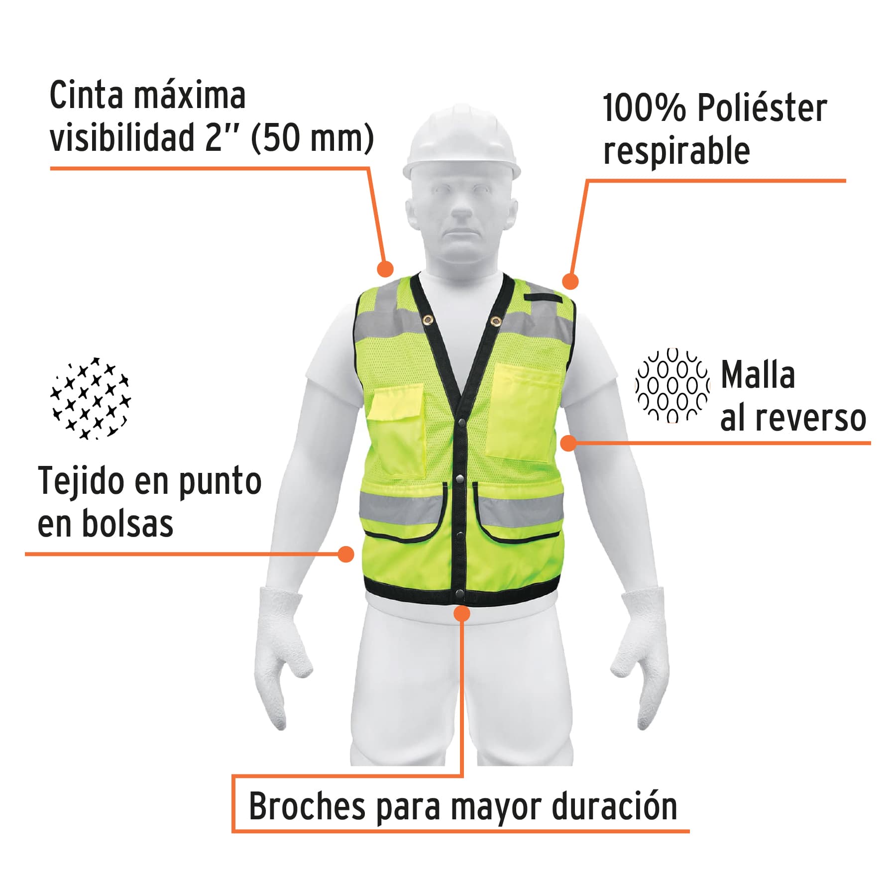 Chaleco seguridad reforzado verde con bolsas, G, Expert