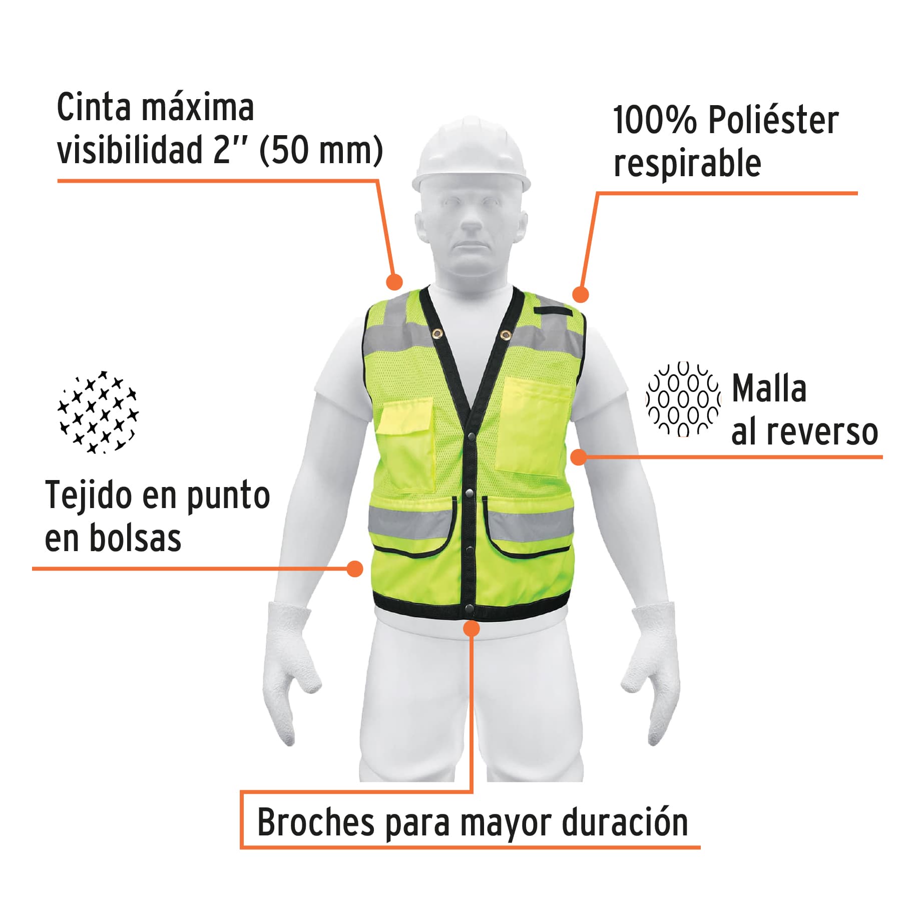 Chaleco seguridad reforzado verde con bolsas, XG, Expert