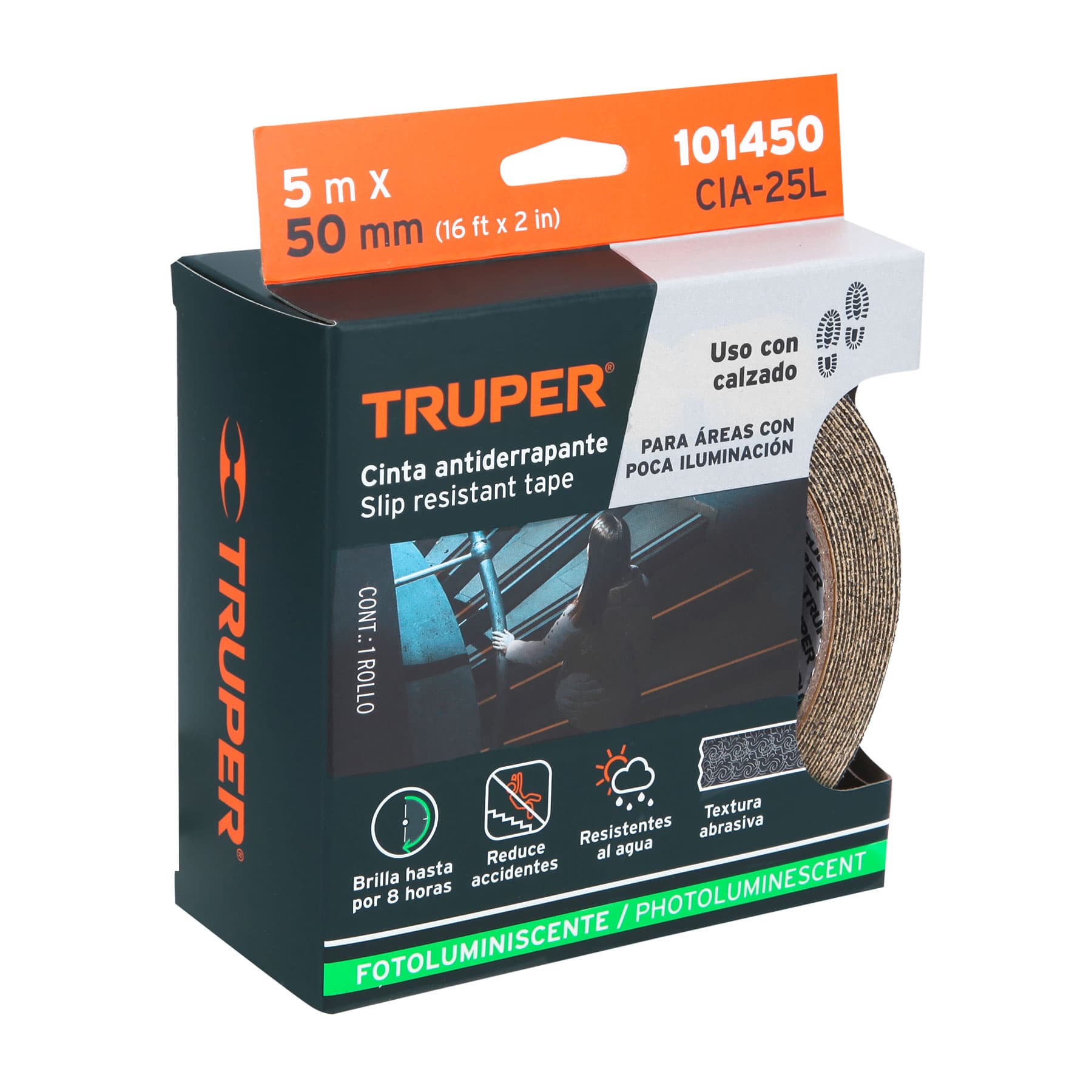 Rollo de 5 m cinta antiderrapante fotoluminiscente 50 mm abrasivo