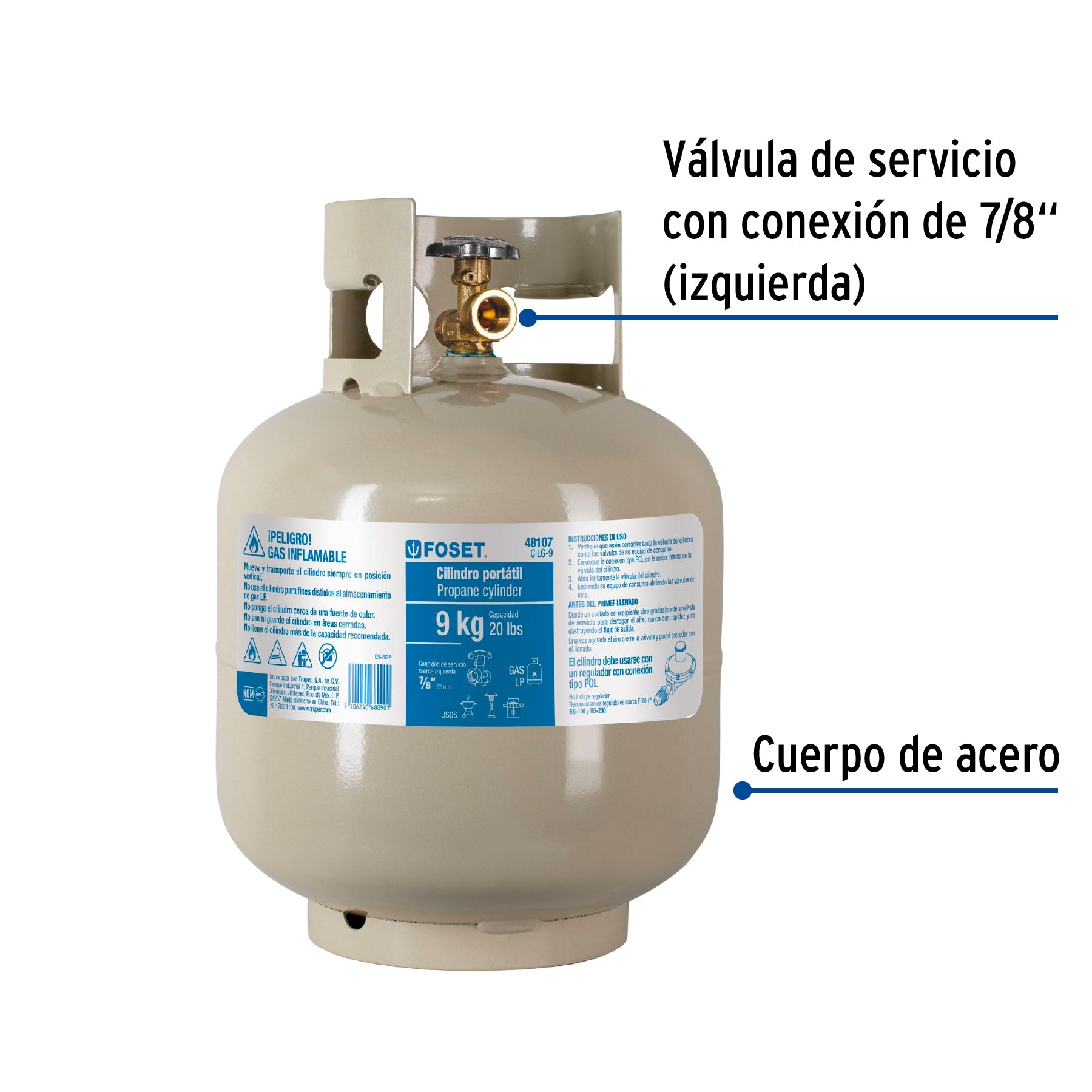 Cilindro portátil para gas LP, 20lb (9kg) Foset