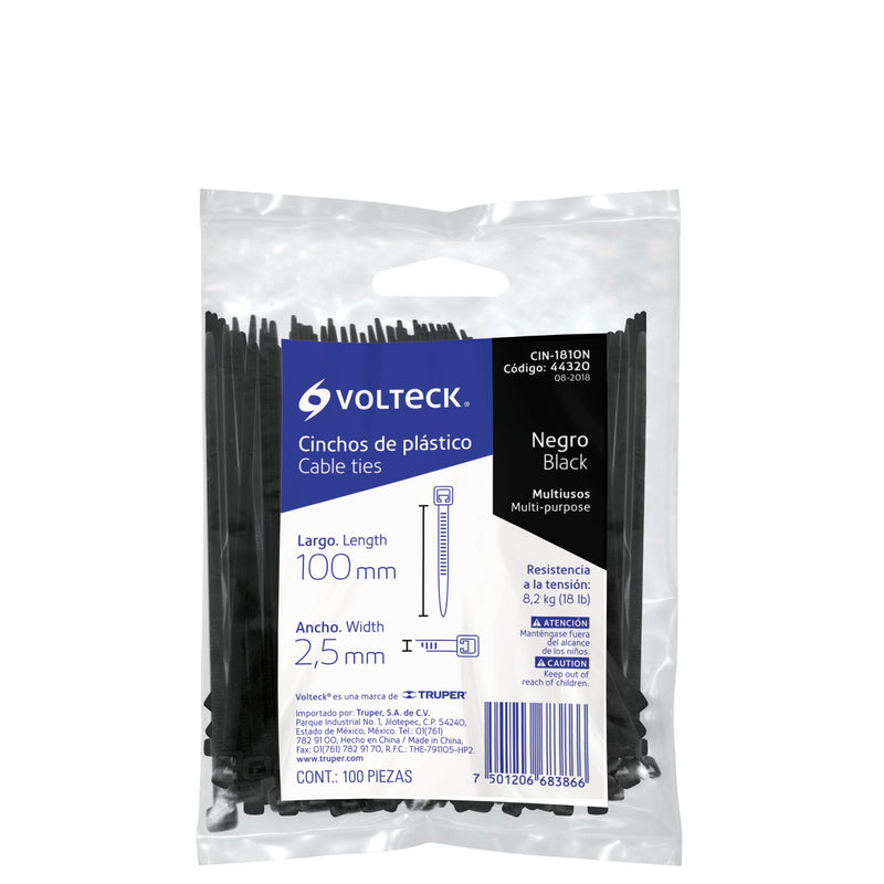 Bolsa con 100 cinchos plásticos 18 lb,  100x2.5 mm,  negros