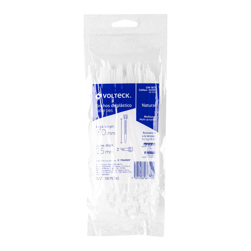 Bolsa con 100 cinchos plásticos 18 lb,  150x2.5 mm,  naturales